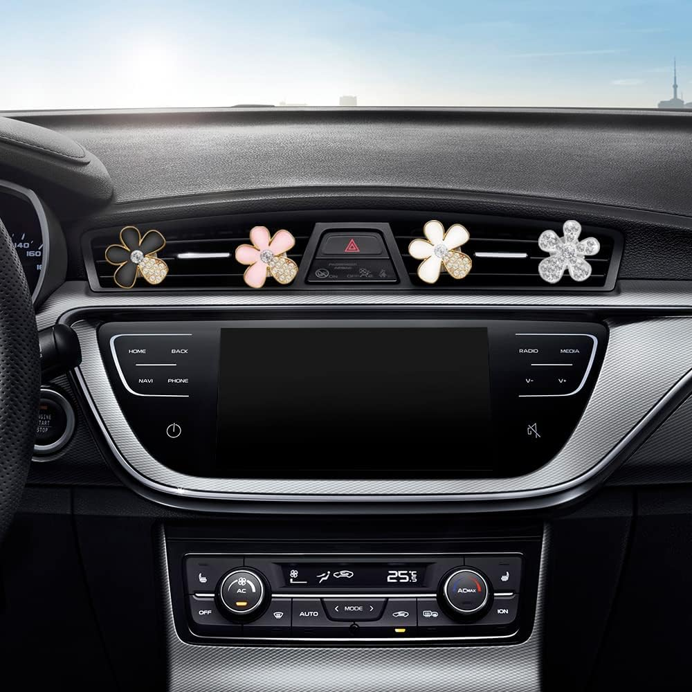 Sourceton 10 Pcs Sparkling Car Decoration Flower Set, Cute Set for Car Decoration, Glitter Coaster and Multicolor Flowers Air Outlet Petals (White, Pink, Glitter, Black) image number 2