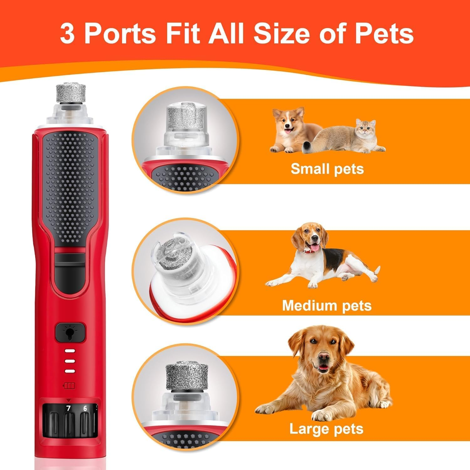 Dog Nail Grinder, 7-Speed Dog Nail Trimmers for Large Medium Small Dogs Cats Pets Claw Trimmer Super Quiet and Low Vibration Type-C Rechargeable with Enhanced 360&deg; LED Lights Pet Nail Grinder image number 3