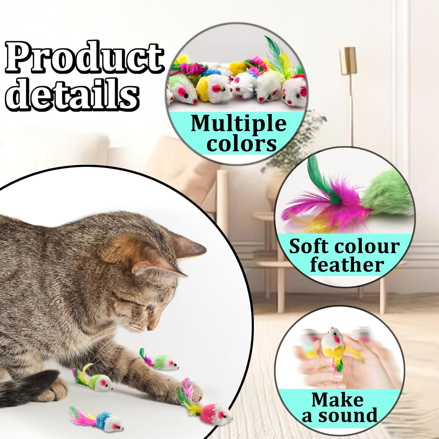 Andiker 12 Pieces Cat Mouse Toy for Indoor Cats, 3.93 Inch Colourful Cat Mice Toy with Feather Mice Toy for Cat Cat Plush Mouse Toy for Cat Catch Play (Random Colours) image number 3