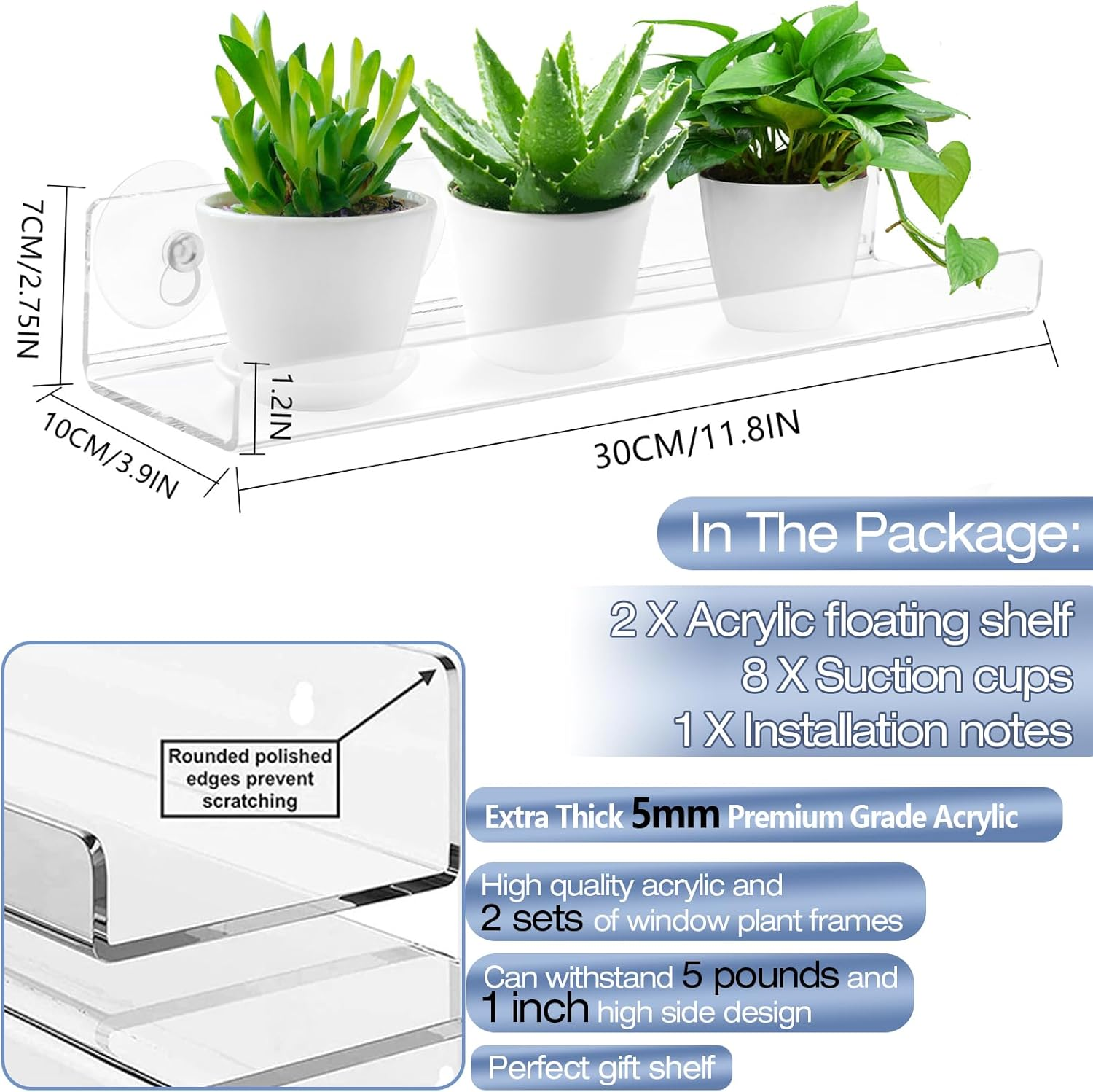 2-Pack 12 Inch Window Plant Shelves - Acrylic Suction Cup Sill Extender for Succulents, Herb Planters, Micro Greens, Bathroom Organizer, Display Stand & Cosmetics Storage | Space-Saving image number 5