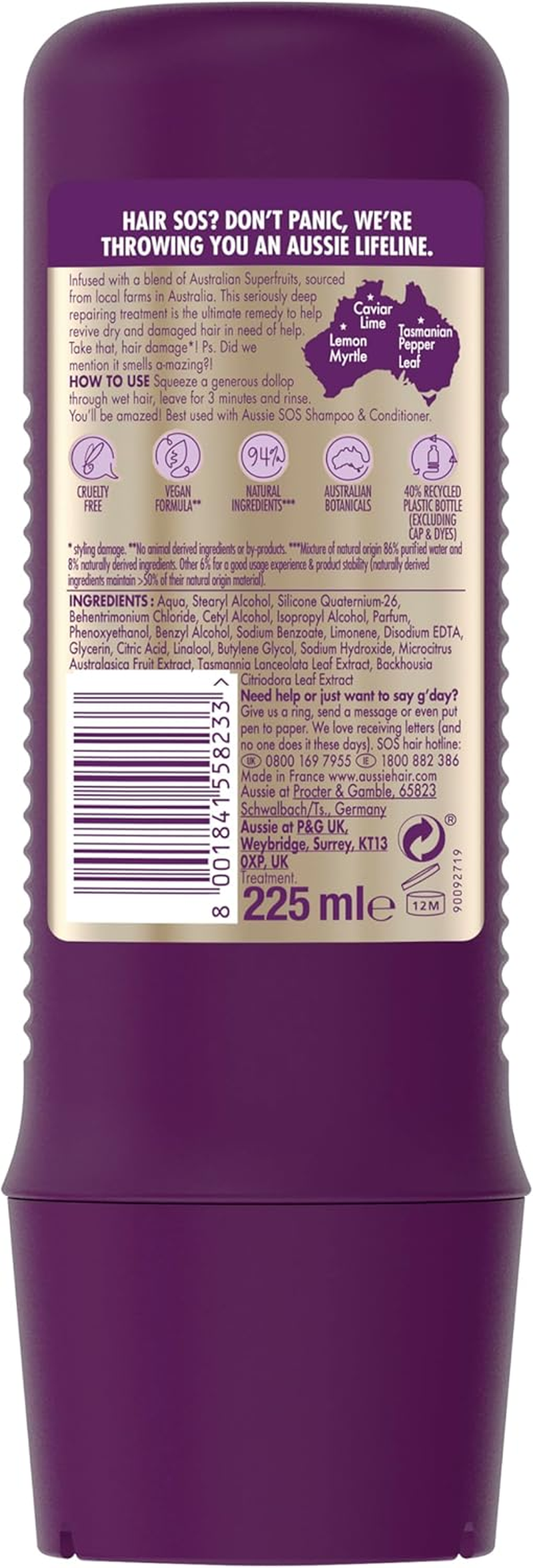 Aussie 3 Minute Miracle SOS Kiss of Life Vegan Hair Mask, Damaged Hair Repair Treatment for Dry Damaged Hair. Repair Treatment with a Blend of Australian Superfoods, 200Ml image number 3