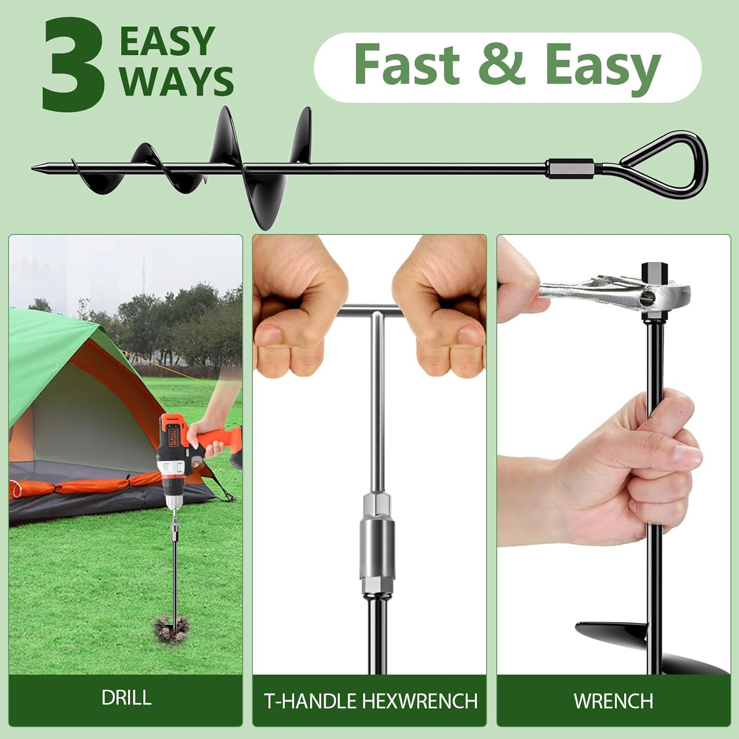 18" Long Ground Anchor, Heavy Duty Earth Anchors 18 Inch Ground Anchors Screw in Kit with T-Handle Hex Wrench for Camping Tent, Swing Sets, Securing Animals, Sheds, Trampoline(4 Pcs) (Black) image number 3