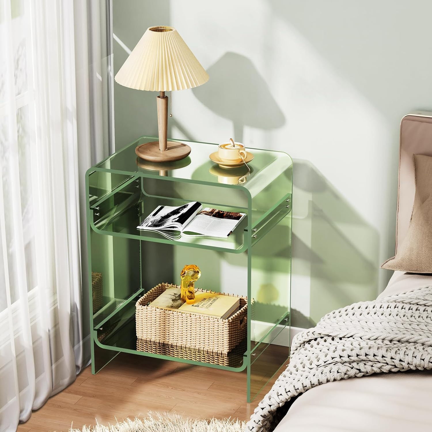 Acrylic Record Player Table with Storage Shelf, Clear Side Table, Nightstand (Green) image number 6