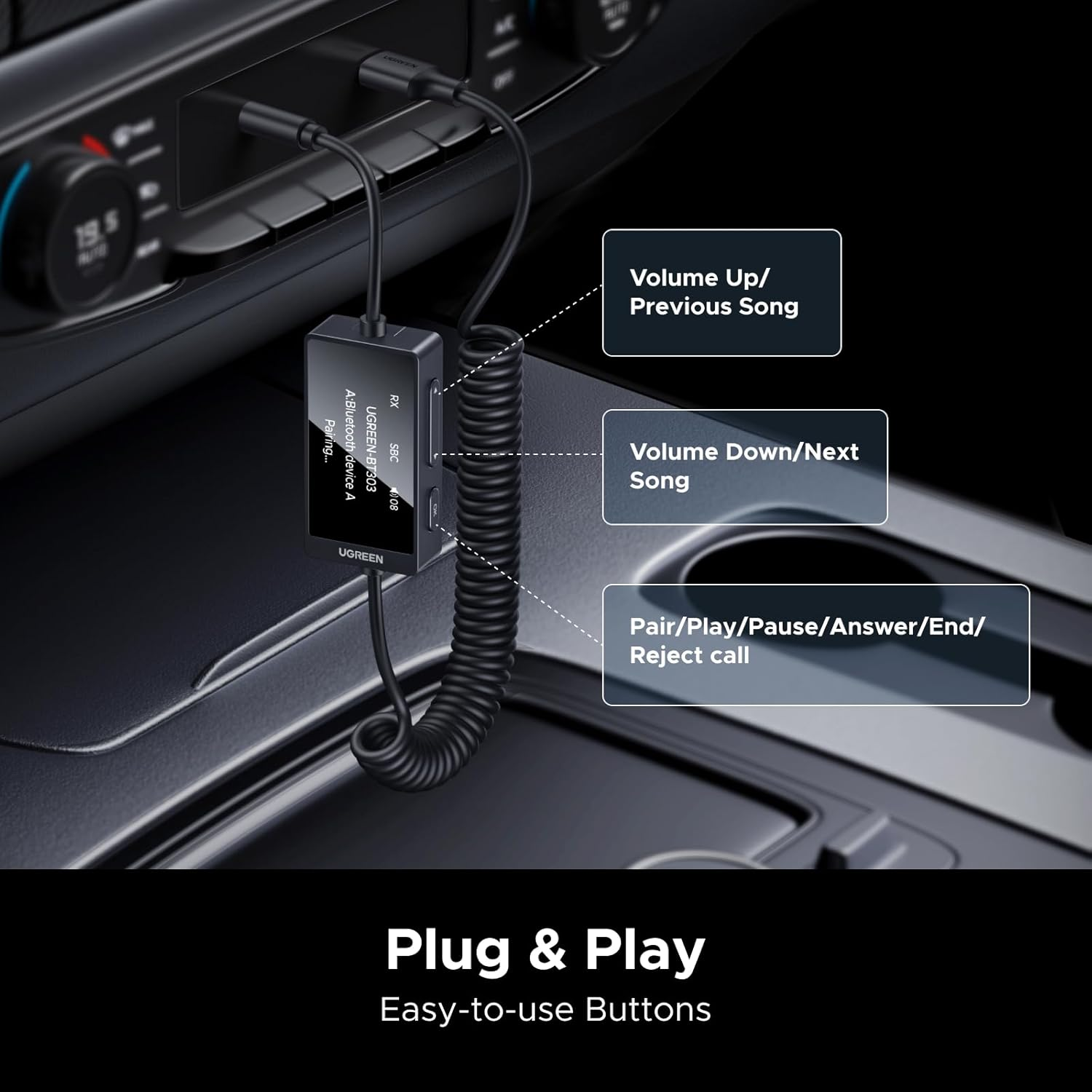 UGREEN Bluetooth 5.4 Transmitter Receiver, 2-In-1 3.5Mm Aux to USB Adapter, Built in Mic, Handsfree Calls, Driver Free, Wireless Bluetooth Adapter Compatible with Car Speakers Home Stereo Headphones image number 6