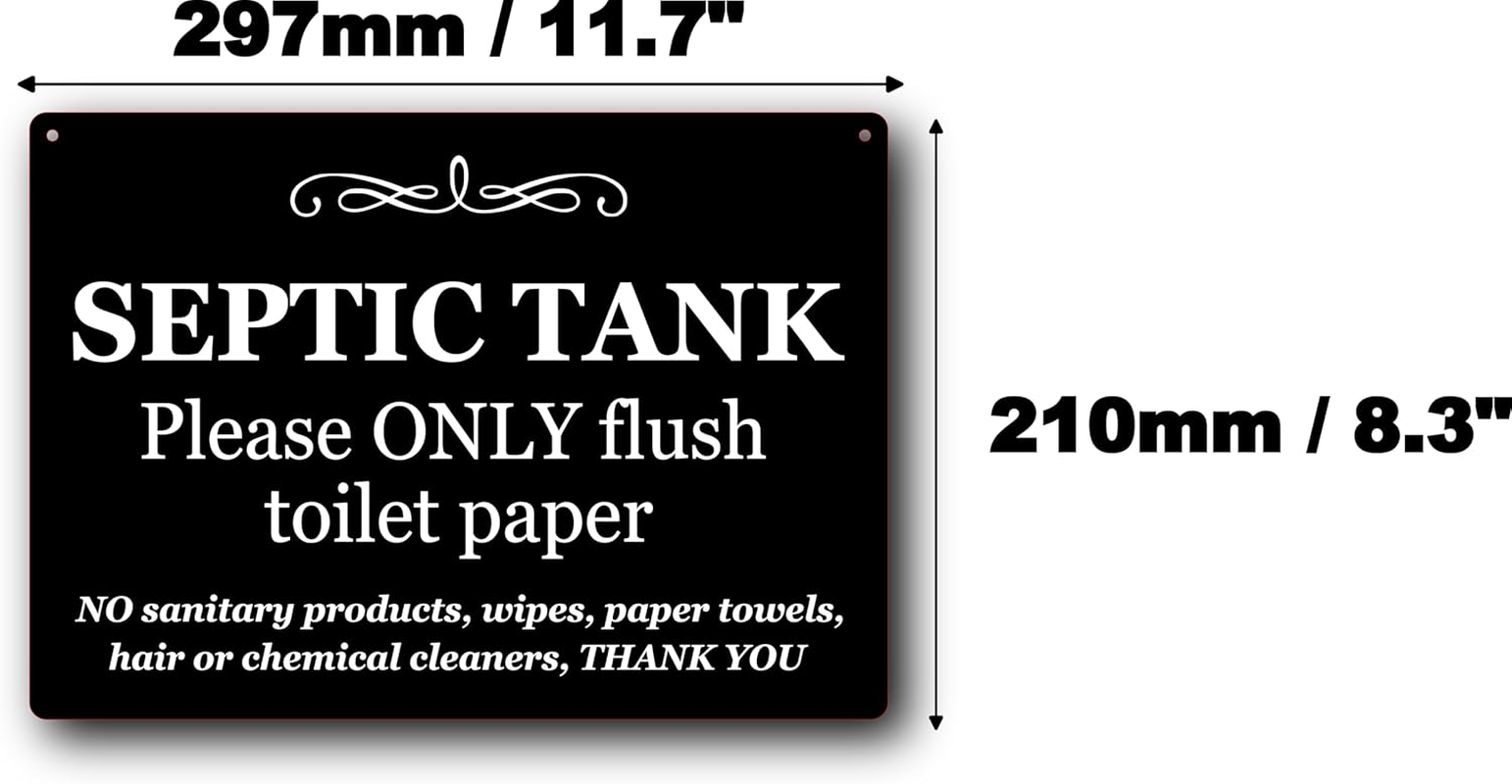 Septic Tank Sign 297Mm X 210Mm A4 - Black UV Printed Aluminium Composite - Septic Tank Please Only Flush Toilet Paper Sign - Indoor & Outdoor Use with Twine for Easy Hanging image number 2