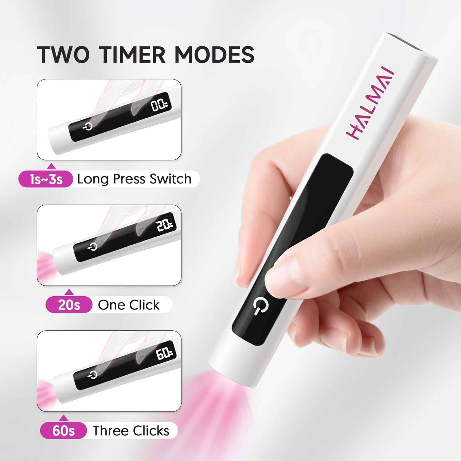 Halmai Handheld UV Nail Lamp for Gel Polish,Portable Mini Red Light with Led,Cordless Rechargeable USB Dryer,At-Home Manicure Salon Tool with Fingernail Curing,Nail Stamping & Cat Eye Magnet (White)