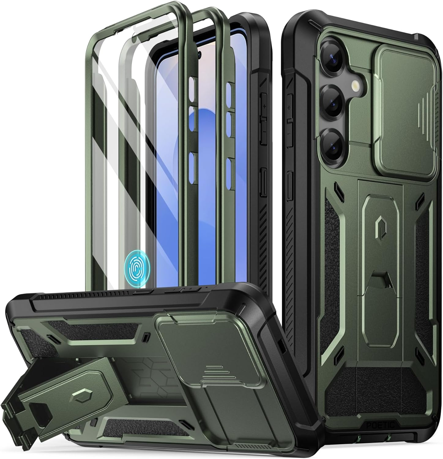 Poetic Spartan Case for Galaxy S25+ plus 6.7", [Slide Camera Cover] [Screen Protector Works with Fingerprint Id]Military Grade Rugged Shockproof S25 plus Phone Case with Kickstand, Metallic Gun Metal