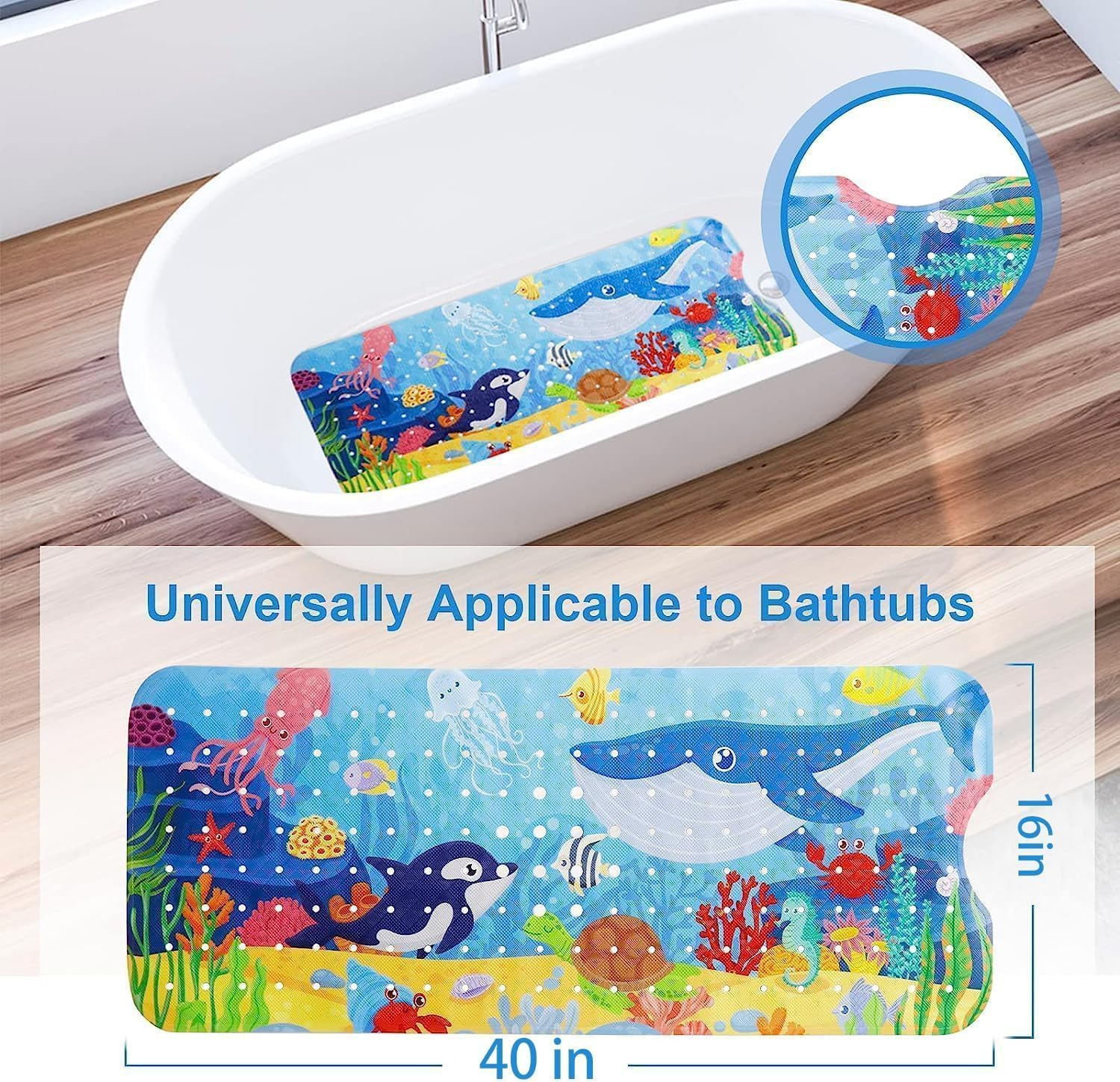 Mumoo Bear Baby Bath Mat for Tub for Kids, 40 X 16 Inch Extra Long Kid Bathtub Mat Non Slip, Cartoon Bath Tub Shower Mat anti Slip with Drain Holes and Suction Cups (Shark, 40 * 16In) image number 5