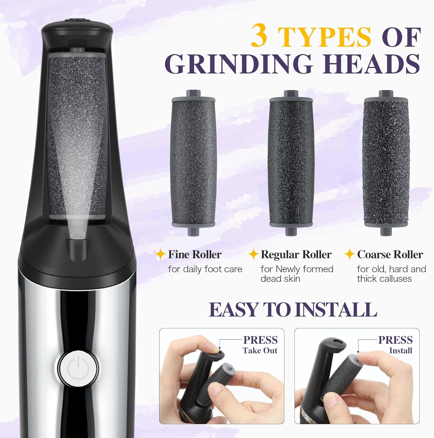 Electric Foot Callus Remover, Smooth Pedicure Wand Feet Rechargeable, Electric Foot File Pedicure Tool with 3 Rollers, 3 Speeds for Dry Cracked Heels, Hard Skin, Calluses, Dead Skin (Black) image number 3