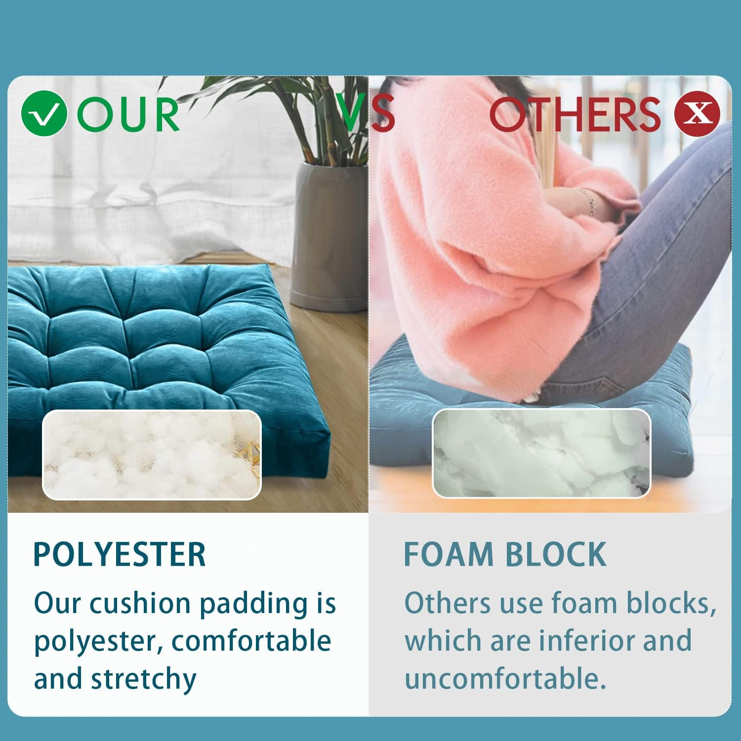 Meditation Floor Pillow, Square Large Pillows Seating for Adults, Blue Tufted Corduroy Cushions for Outdoor Yoga Tatami Fireplace Living Room, Memory Foam Filing, Blue, Cushion 22 X 22 Inch image number 1