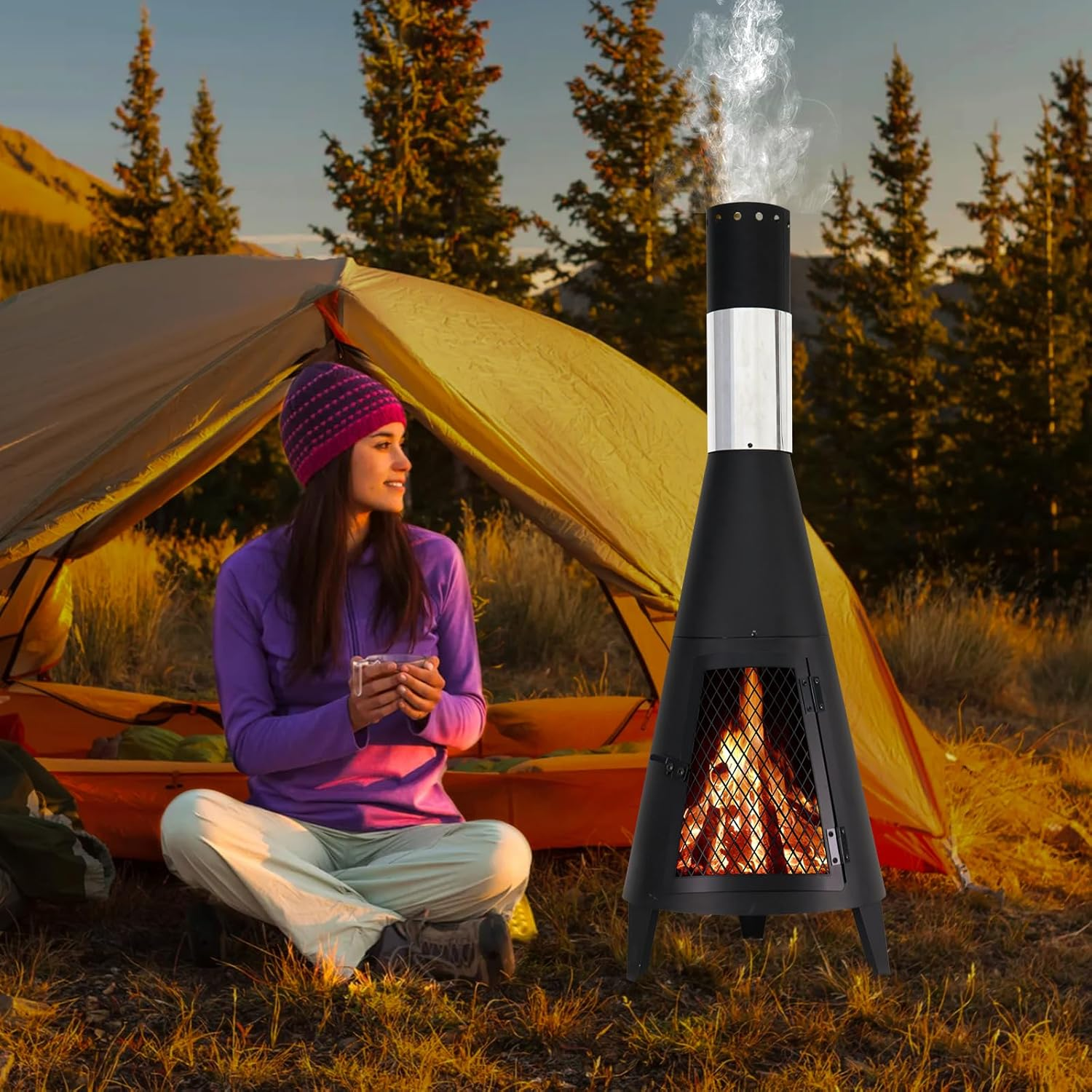 Ptlsy 43Inch Tall Chiminea Outdoor Fireplace Wood Burning for Backyard and Patio Wood Burning Rocket Fire Pit image number 3