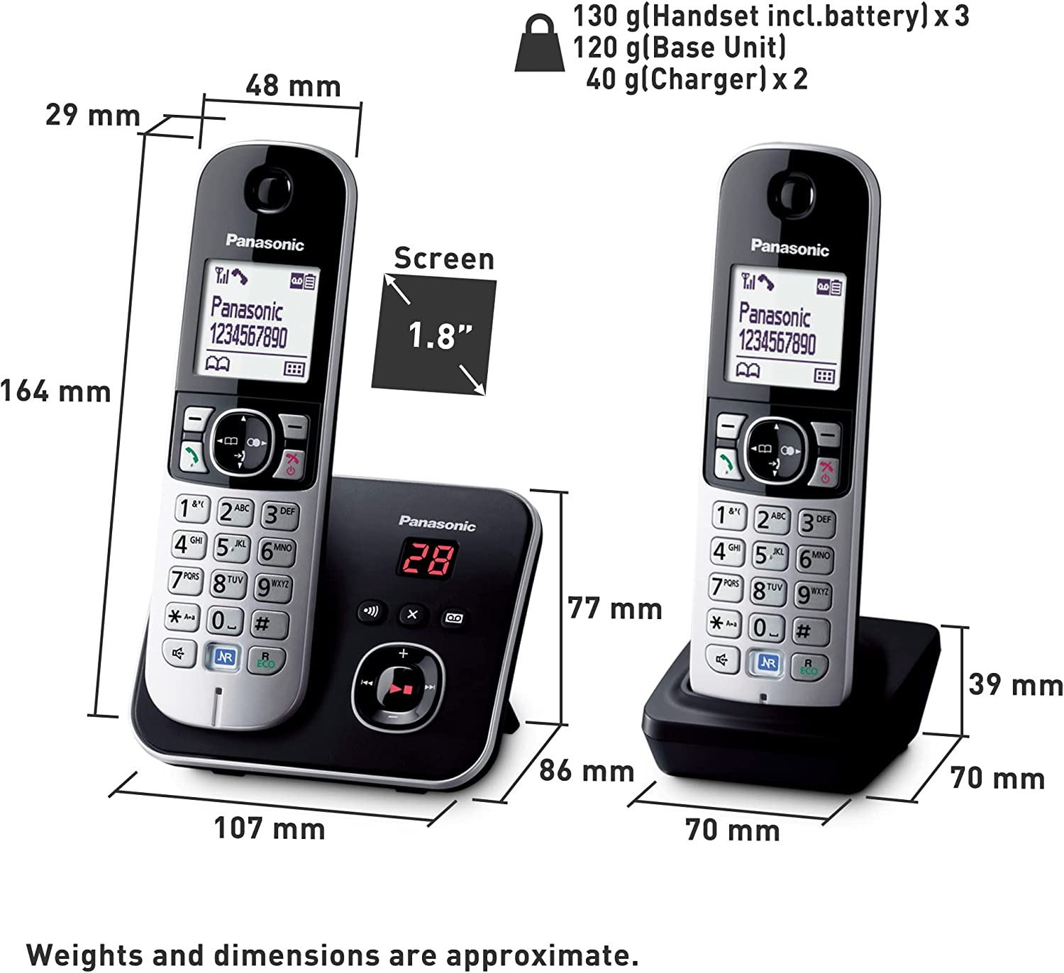 Panasonic DECT Digital Cordless Phone with Built-In Answering Machine and 3 Handsets (KX-TG6823ALB) Black & Silver image number 1