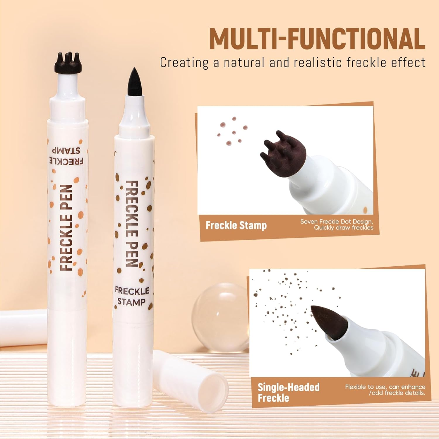 Noerrors 2 Colours Freckle Stamp Pen, Dual Ended 2 in 1 Artificial Freckle Marker Waterproof Quick Drying Eyeliner for Natural Sun Kiss Makeup, Light Brown & Dark Brown