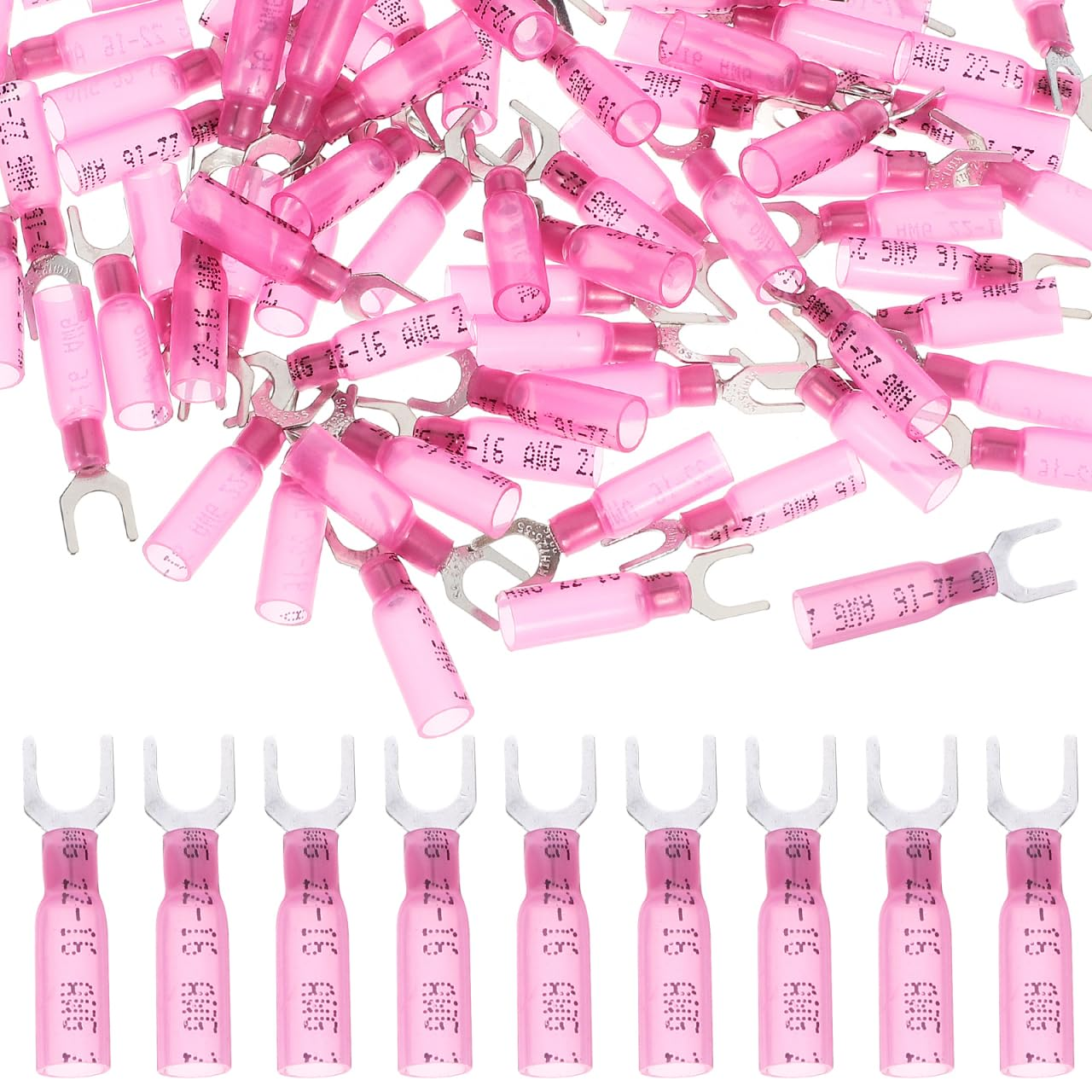 100Pcs Fork Terminal Waterproof Heat Shrink Wire Connectors, Pre-Insulated U-Shaped Electrical Crimp Connectors, Copper Nose Terminals for Home and Automotive Use, Pink image number 2