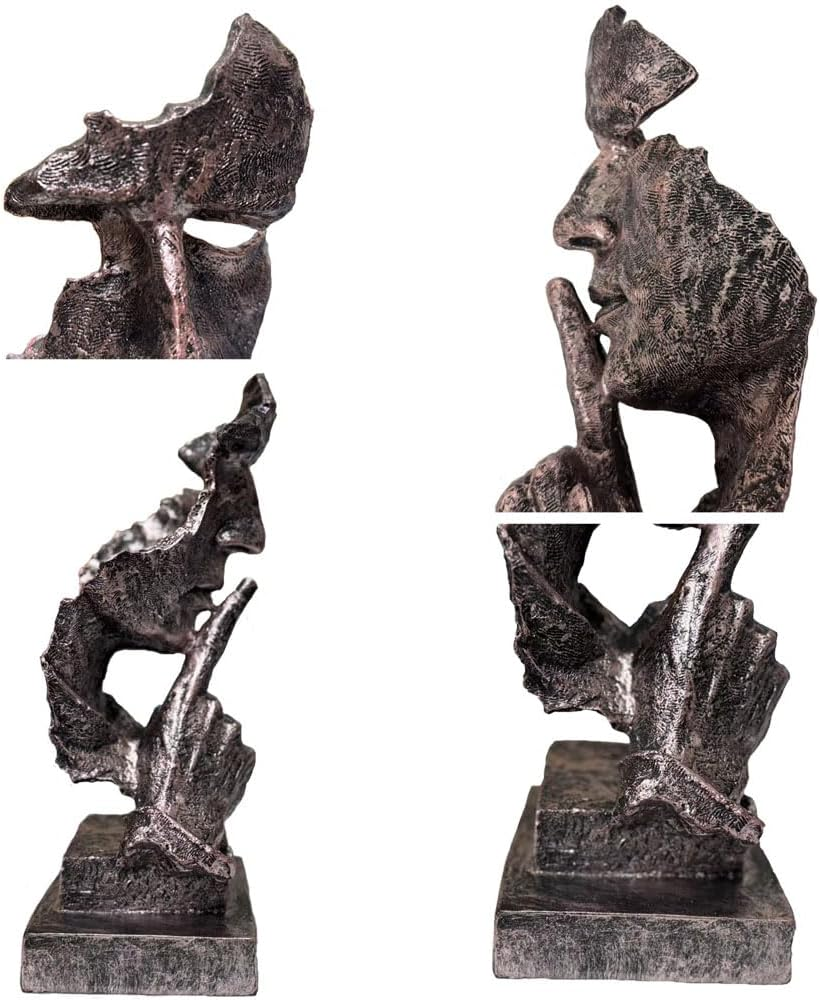 Silence Is Gold Thinker Statue - 13.5 Inches Modern Abstract Sculpture Art, Minimalist Desk Decor for Office & Home, Creative Study/Bedroom Modern Abstract Sculpture Art for Desk Decor - Ancient Silver image number 4