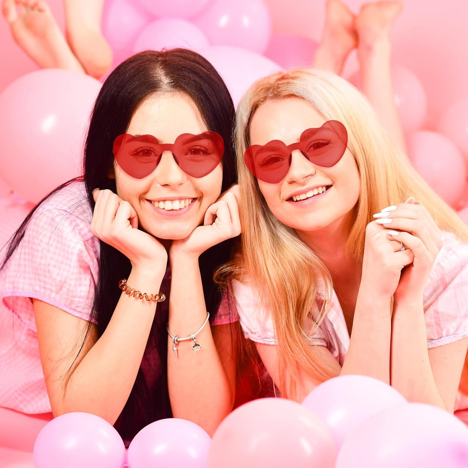 BOUBONI 14 Pack Heart Shaped Sunglasses for Women Rimless Heart Glasses Bulk Mardi Gras Candy Color Sunglasses for Party - Red image number 5