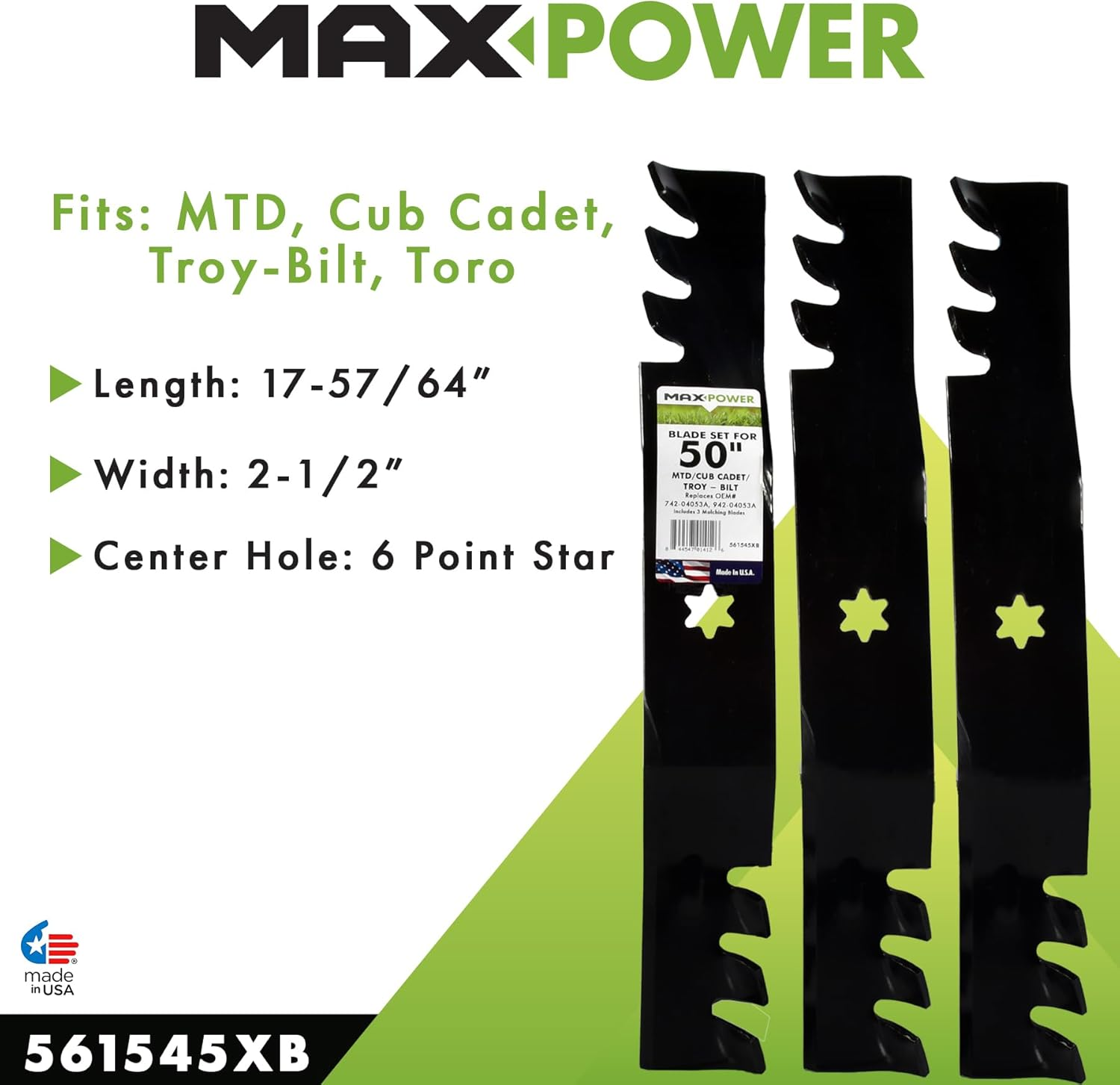 Maxpower 561545XB 3-Blade Commercial Mulching Set for Many 50" Cut MTD, Cub Cadet, Replaces OEM No. 742-04053, 942-04053,Black image number 5