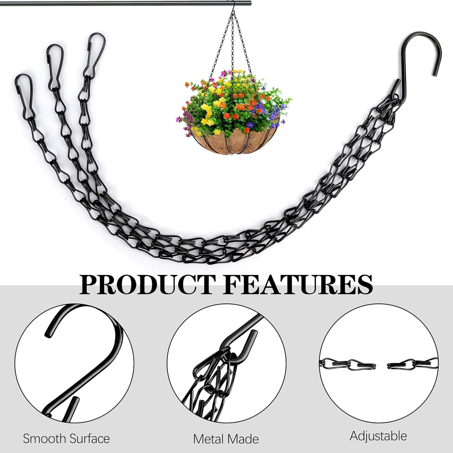 Hanging Basket Chain, 3 Pack 16 Inch Chain for Hanging Plants, Black Plant Chains for Hanging Baskets, 3 Leads Hanging Chain with Hooks for Flower Pots Basket Bird Feeders Sign Wind Chime Billboards image number 4