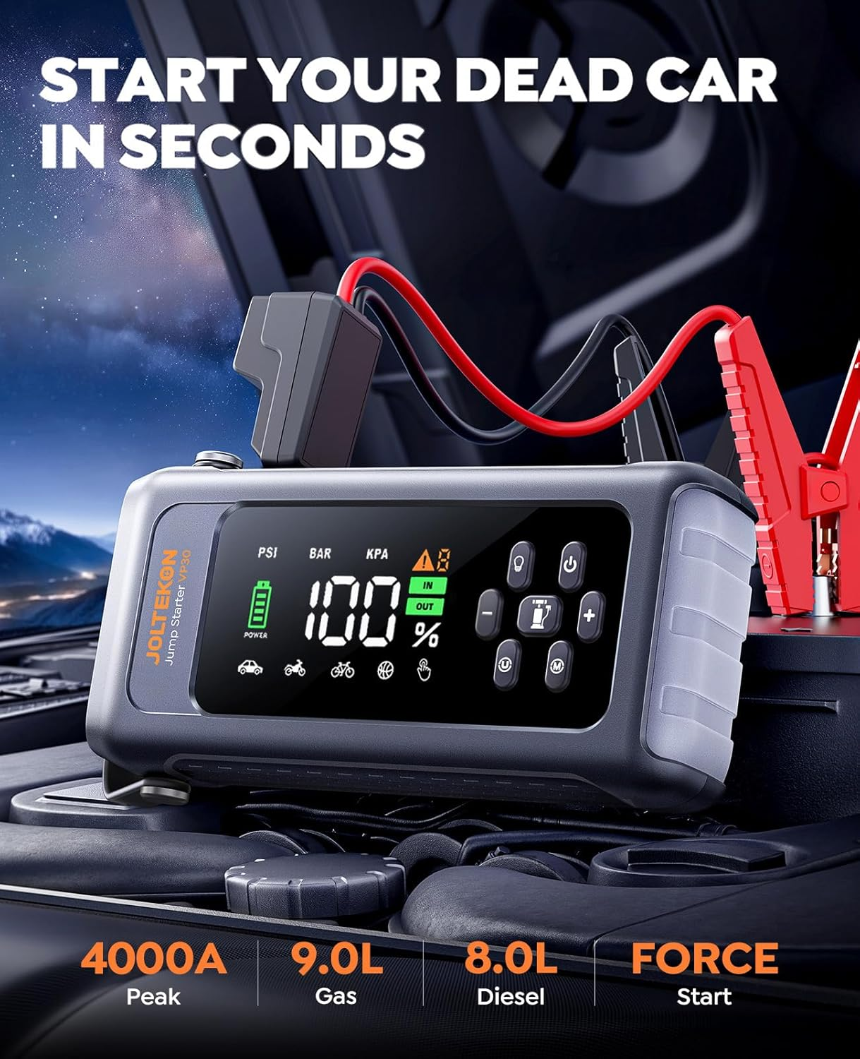 Jump Starter with Air Compressor, 4000A Peak 150PSI Car Battery Jump Starter for All Gas/ 10L Diesel Engines, 12V Jump Box Car Battery with Auto-Shutoff Tire Inflator, Jumper Cables and Light image number 3