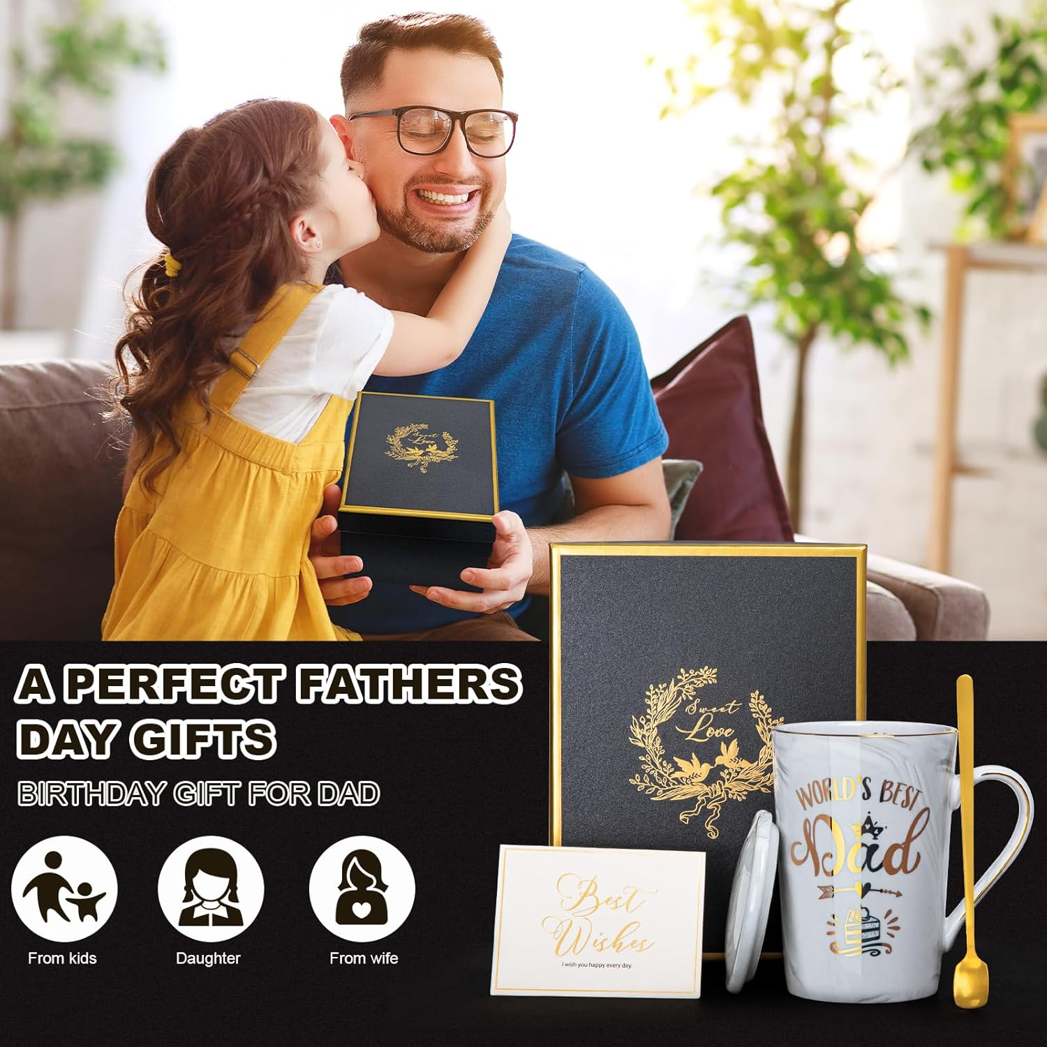 Fathers Day Gift from Daughter Son - World'S Best Dad - Daddy Mug Printed with Gold, Funny Dad Birthday Gifts Present for Dad, 14Oz Grey Ceramic Coffee Cup with Lid, Spoon, Greeting Card, Gift Boxed image number 1