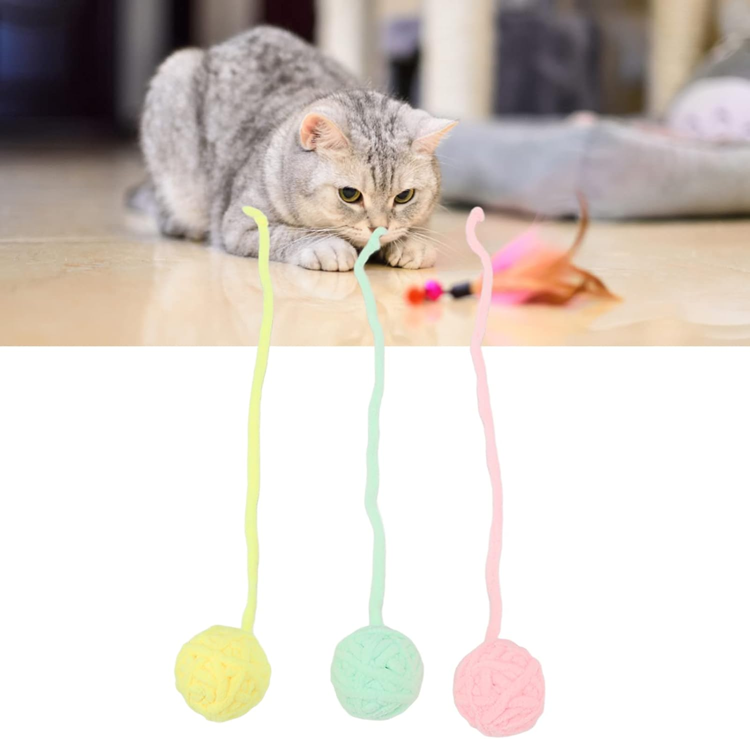 3Pcs Cat Plush Ball, Interactive Cat Fuzzy Chew Balls with Bells, Fun Adorable Colorful Cat Ball Toys Playing Soft Plush Bouncy Ball Toys for Indoor Cats Kitten (Pure Color) image number 3