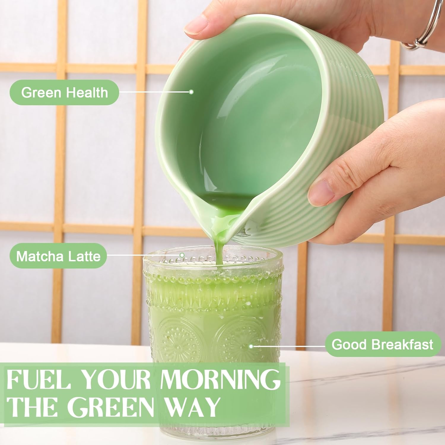 Matcha Whisk Set, Matcha Bowl with Spout, Matcha Whisk and Holder, Bamboo Matcha Scoop and Stainless Sifter - 5 Pcs Jade Green Matcha Kit for Matcha Lover image number 6