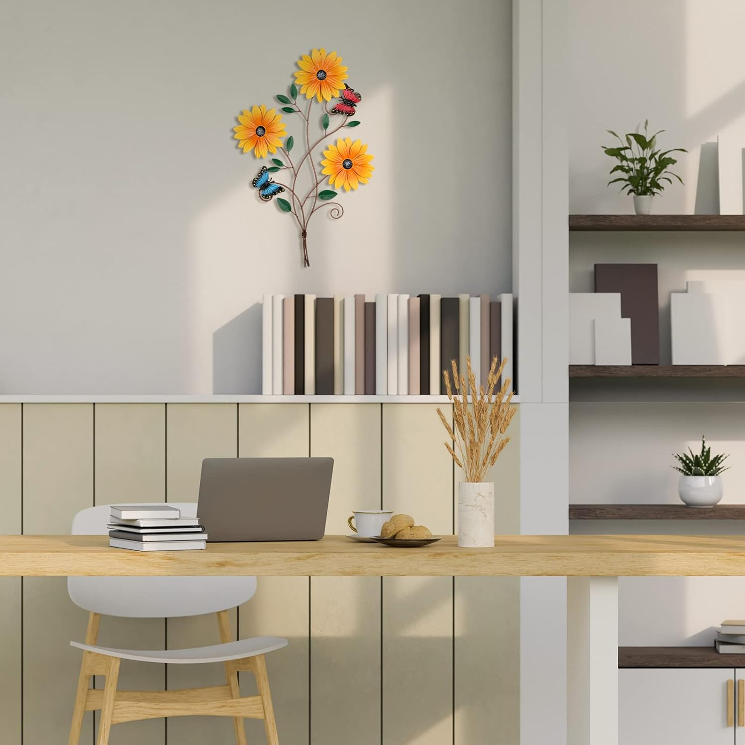 Lounsweer Metal Sunflower Wall Decor Rustic Sunflower Bathroom Decor for Patio Butterfly Flower Wall Art Vintage Hanging Metal Flower for Home Kitchen Indoor Outdoor, 15X9 Inch(1 Piece) image number 4