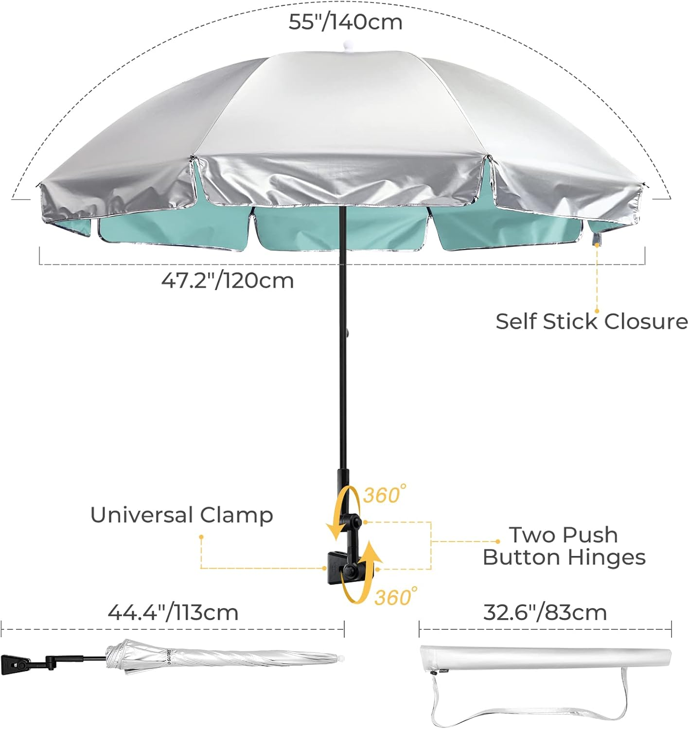 G4Free UPF 50+ Universal Clamp on Umbrella Adjustable 55 Inch Outdoor UV Protection Beach Chair Umbrella for Strollers, Wheelchairs, Patio Chairs, Beach Chairs, and Golf Carts image number 2