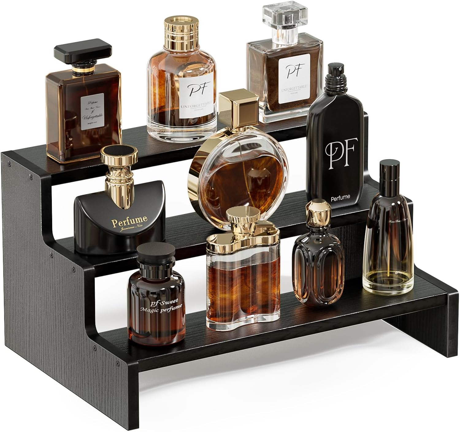 Procase Wooden Cologne Organizer for Men, 4 Tier Perfume Organizer Display Risers, Mens Cologne Stand Holder Organizer, Cologne Shelf Rack for Fragrances Candles Cosmetics Cupcake Figure -Black