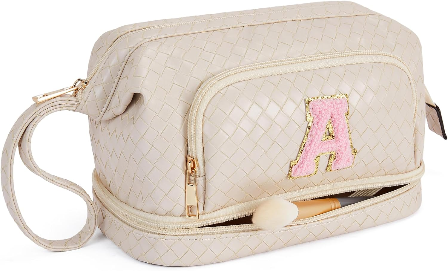 DDPOND Makeup Bag Large Capacity Travel Cosmetic Bags Double Layer Portable Leather Make up for Women (Apricot - Square)