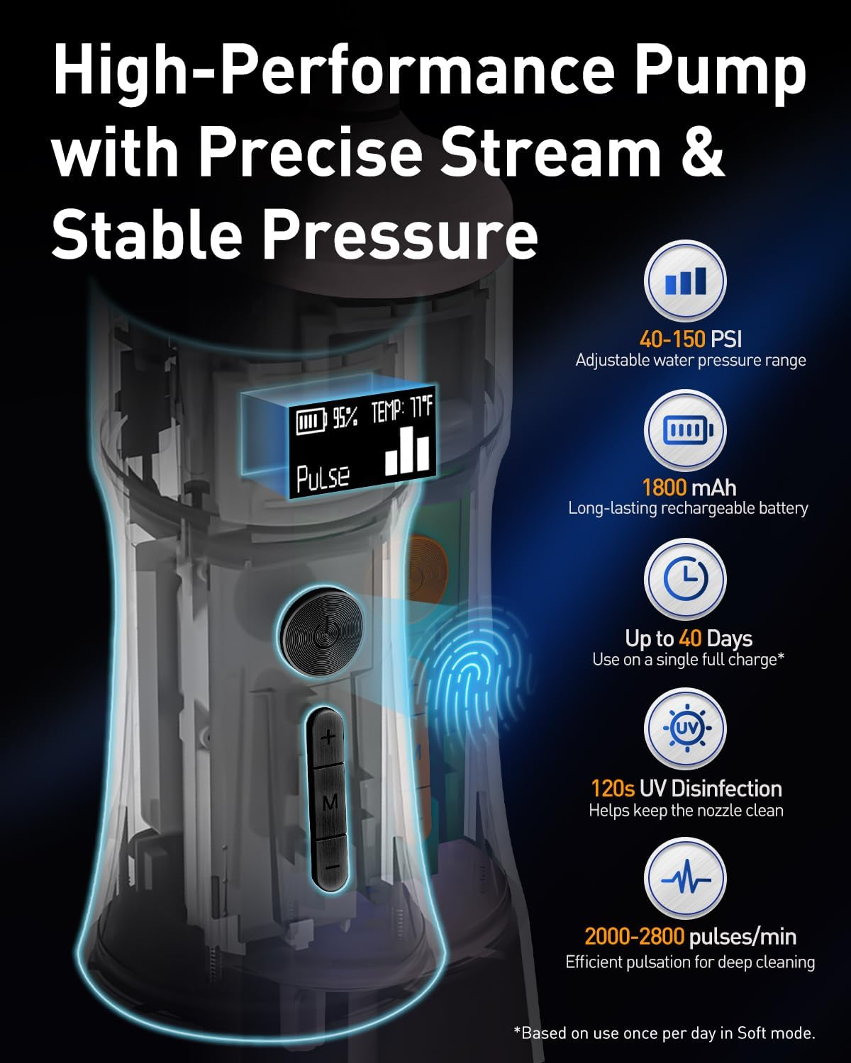 Mysmile Powerful Cordless 5 Modes Dental Water Flossers for Teeth Portable OLED Display Oral Irrigator with 8 Replaceable Jet Tips and 350 ML Detachable Water Tank for Home Travel Use (Juicy Pink) - Pearl White image number 6