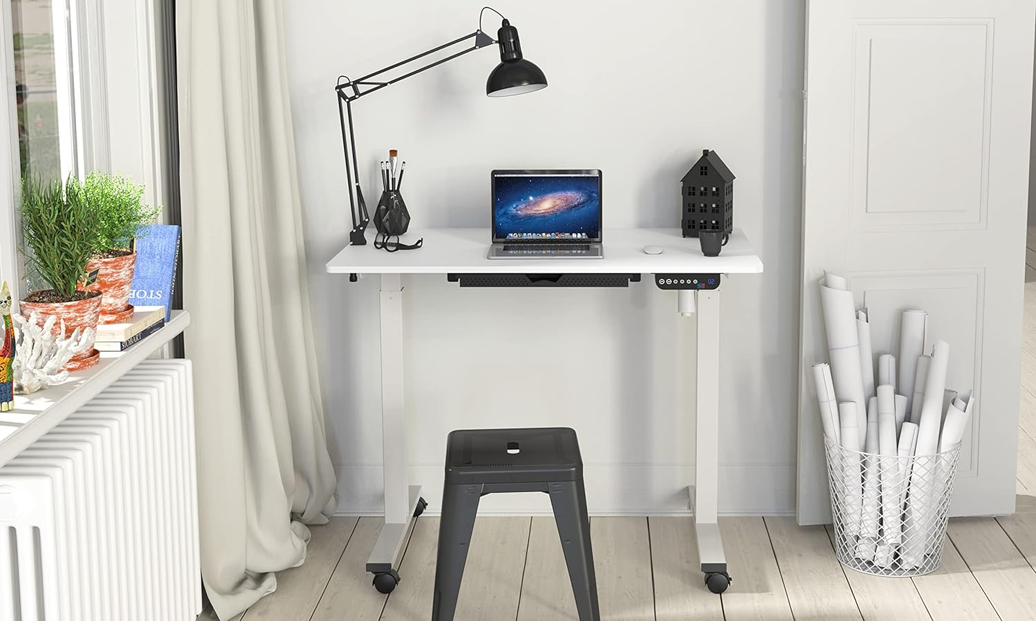 SHW 100 X 60 Cm Mobile Electric Standing Desk, Height Adjustable with Drawer, Hanging Hooks and Cable Management, White - White image number 3