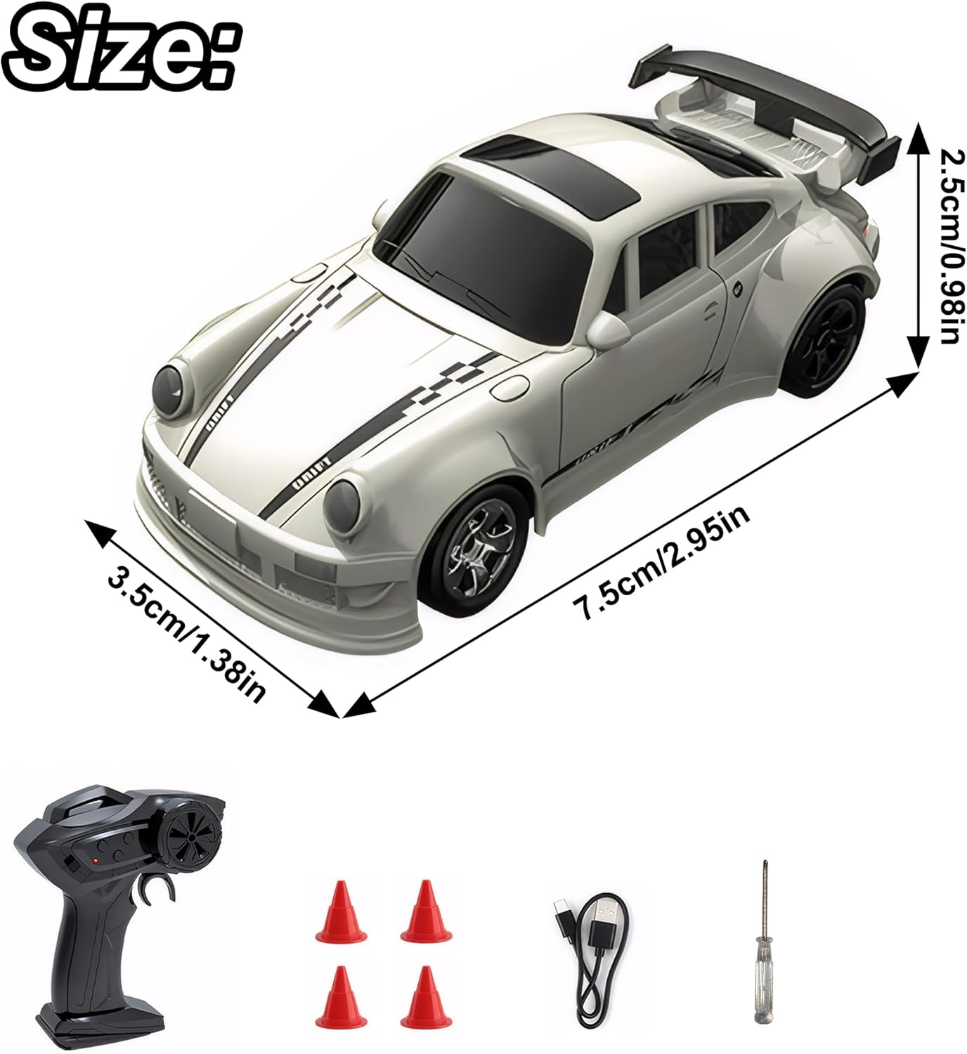 Mini RC Drift Car with Lights, 1:64 4WD 2.4Ghz Full Proportional Remote Control Car for Kids Adults (White)