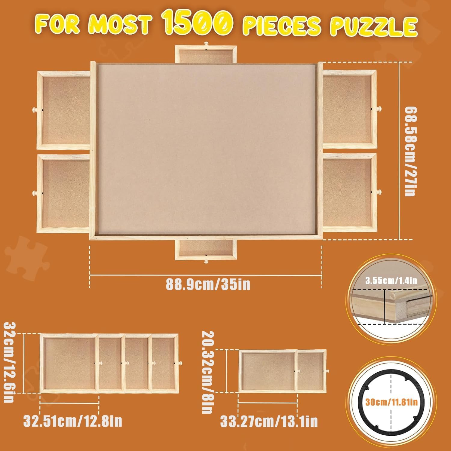 1500 Piece Rotating Puzzle Board with Drawers-Portable Wooden Jigsaw Table for Adults-Large Sorting and Storage Gifts (Natural Wooden) image number 6