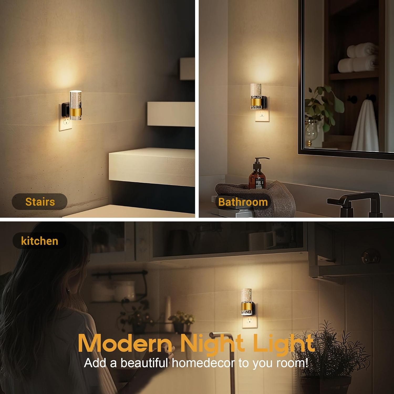 Night Lights Plug into Wall, 2 Pack 3000K Dimmable Nightlight with 0-100 LM Adjustable Brightness, Modern Automatic Plug in Night Light with Light Sensor for Hallway Bedroom image number 5