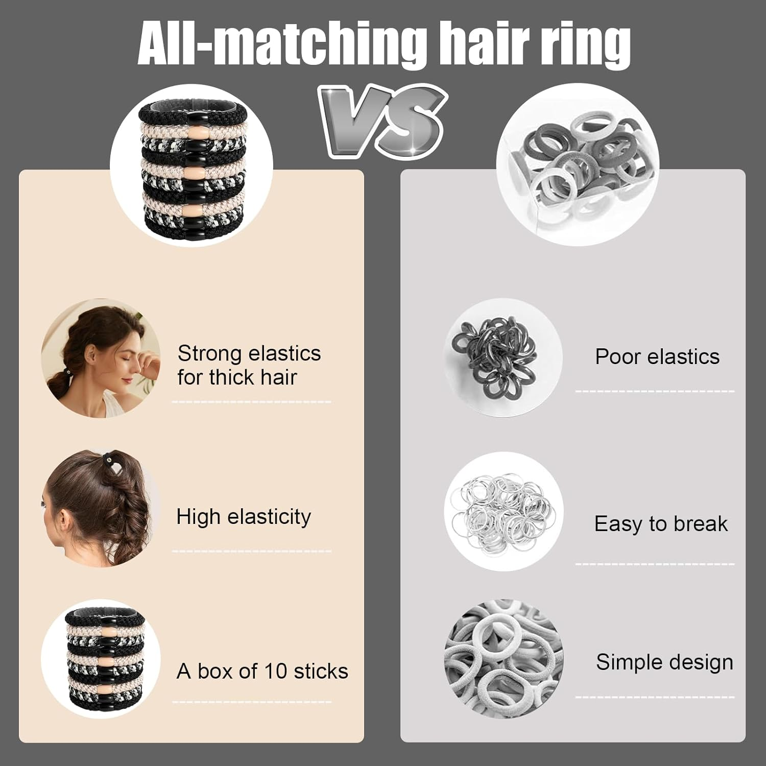 RTRTGS Elasitc 10 Pieces Hair Bobbles for Women and Girls, Cotton Bands, Ponytail Holder for Thick Hair and Curly Hair