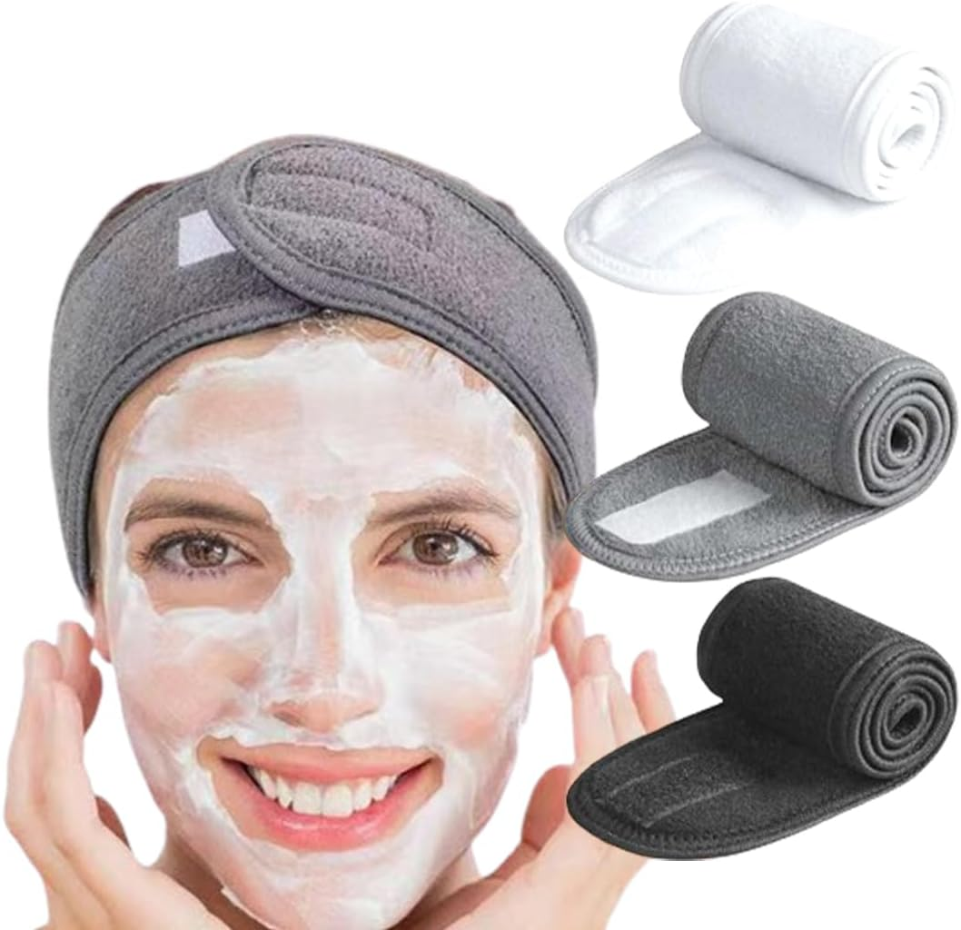 Pack of 3 Hair Bands, Cosmetic Headbands, Make-Up, Shower, Bath, Wrap, Sports Headband, Terry Towelling, Adjustable Stretch Towel with Magic Tape (Black, White And