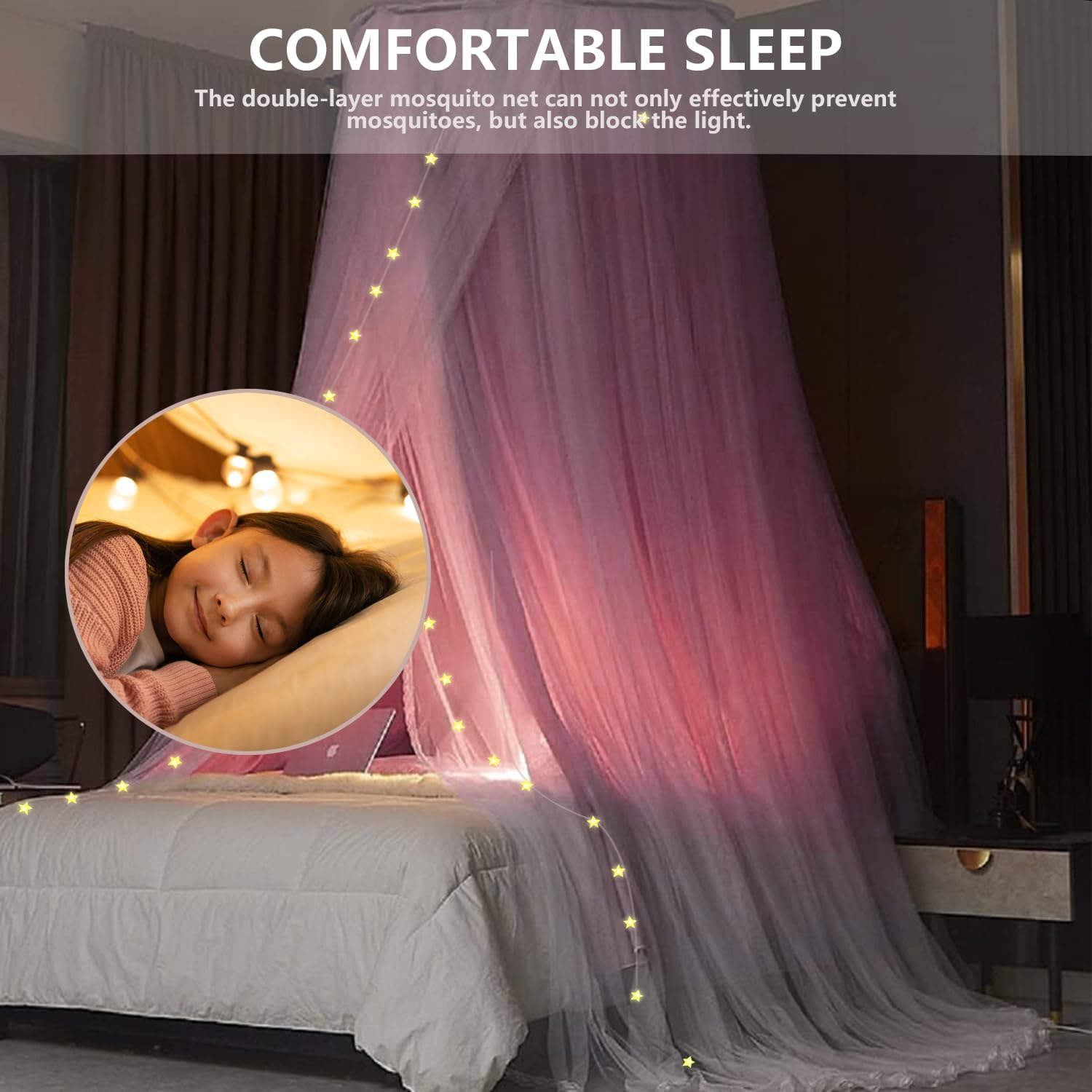 Double Layer Bed Canopy, Elegant Princess round Dome Canopies Netting Large Mesh Bed Curtain Drapes for Kids Adults Children Dreamy Lace Mosquito Nets Bedroom Decoration Castle Play Tent Reading Nook