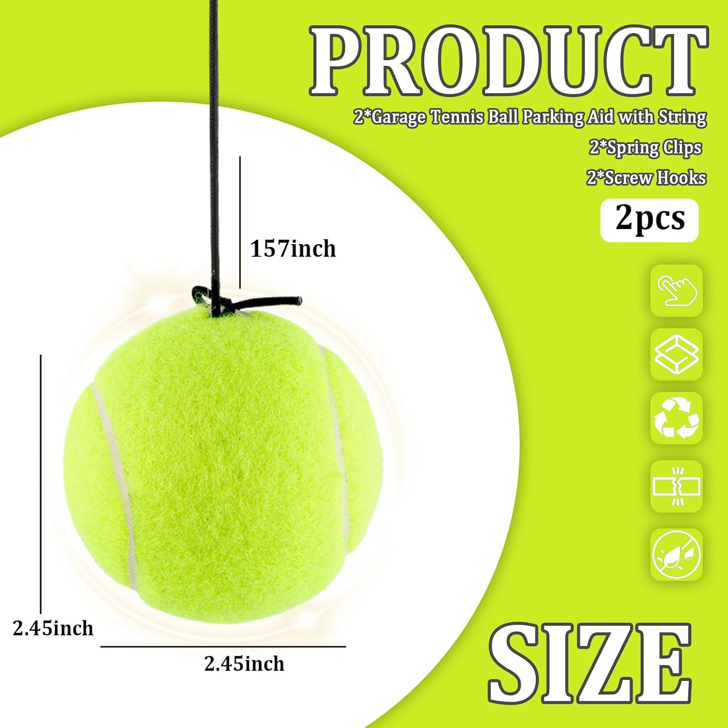 Figpade 2PCS Tennis Ball Garage Parking Aid,Garage Tennis Ball Parking Aid with Adjustable Height Lanyard for Guided Parking,Kit with 2 Tennis Garage Car Stopper,2 Screw Hooks,2 Spring Clips image number 6