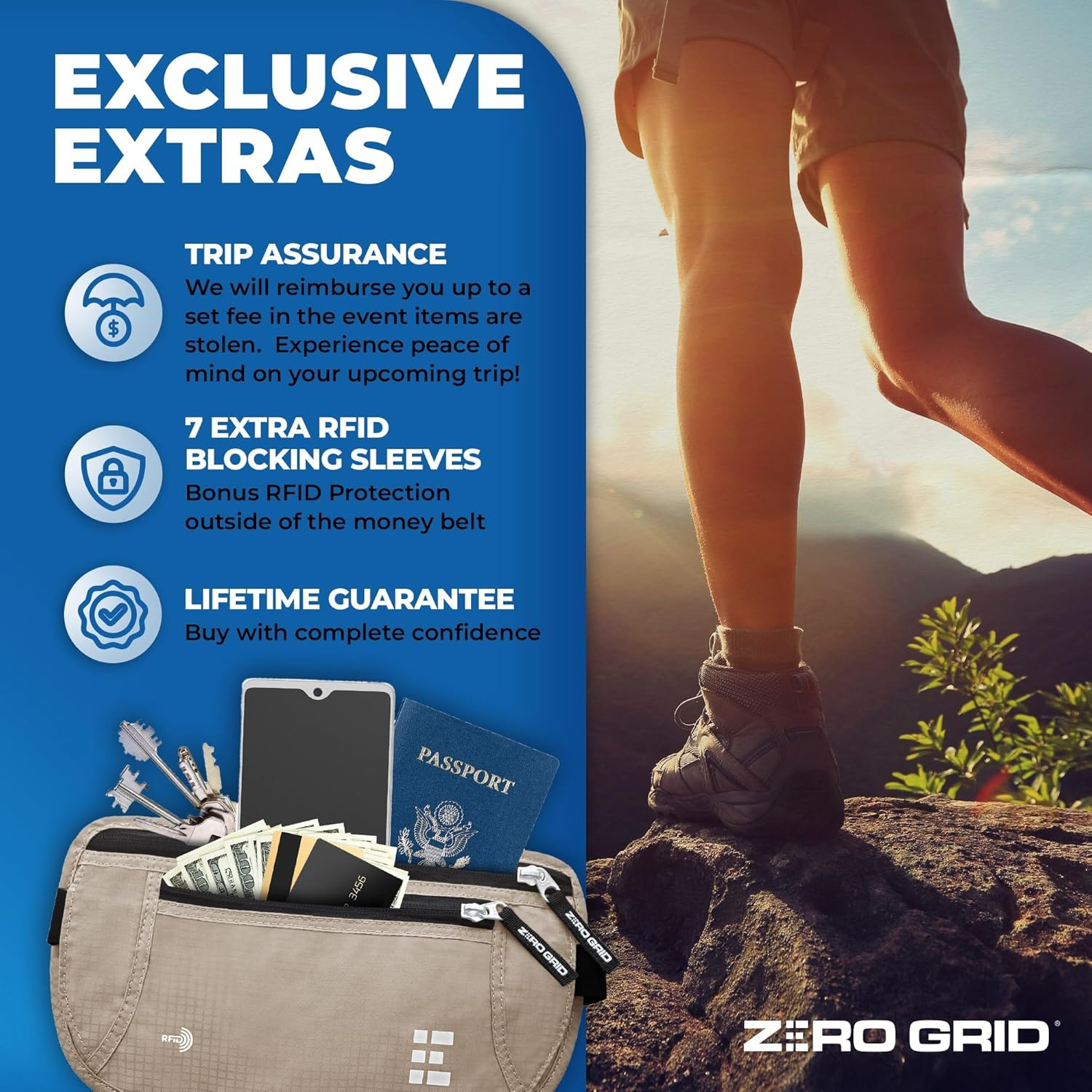 Money Belt for Secure Travel - Concealed Travel Pouch W/Rfid Blocking - Secure Important Documents and Money - Durable, Water-Resistant Rip-Stop Nylon W/Rfid Sleeves Set - Midnight image number 6