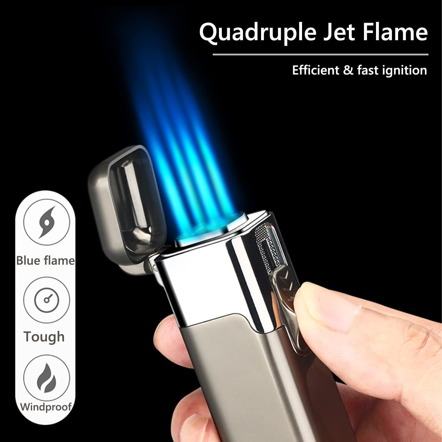 Gifts for Men, Torch Lighter, Quad 4 Jet Flame Cigar Lighter, Refillable Butane Lighter Windproof Multi Utility Lighter for Candle, Grill, Fireworks, Camping (Without Fuel) in Gift Box Matt Black image number 4