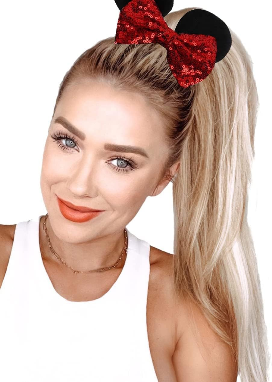 3Pcs Mouse Ear Sequins Scrunchies,Mouse Ears Hair Scrunchies Velvet Sparkle Sequin Hair Ties Elastic Hair Bands Ropes Ponytail Holder Bow,Mouse Ears Velvet Scrunchies Bows Hair Bands Hair Ties image number 5