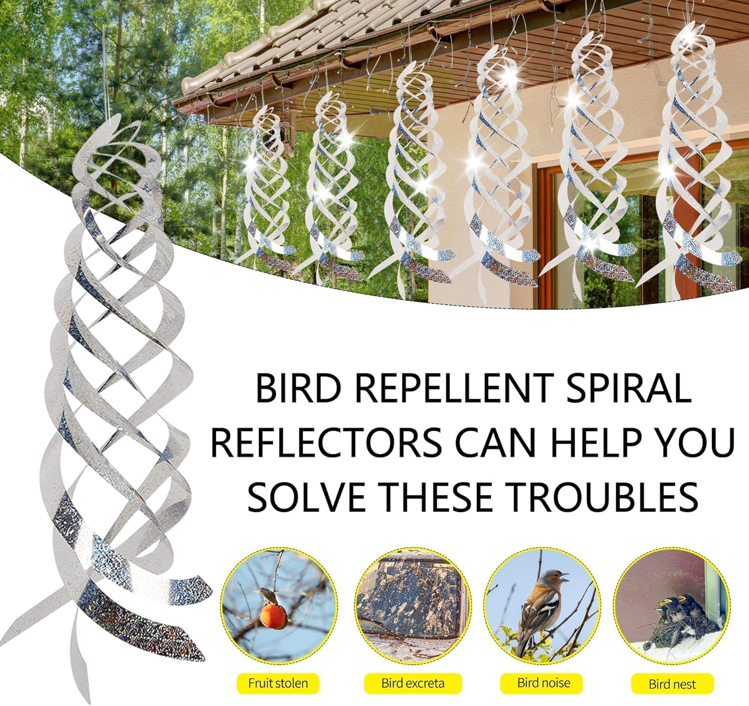 8Pcs Spiral Reflective Bird Repellent Discs &ndash; 17.8" Wind-Activated Deterrent, Silver Hanging Ornaments for Garden, Yard, Balcony & Window Bird Control image number 3