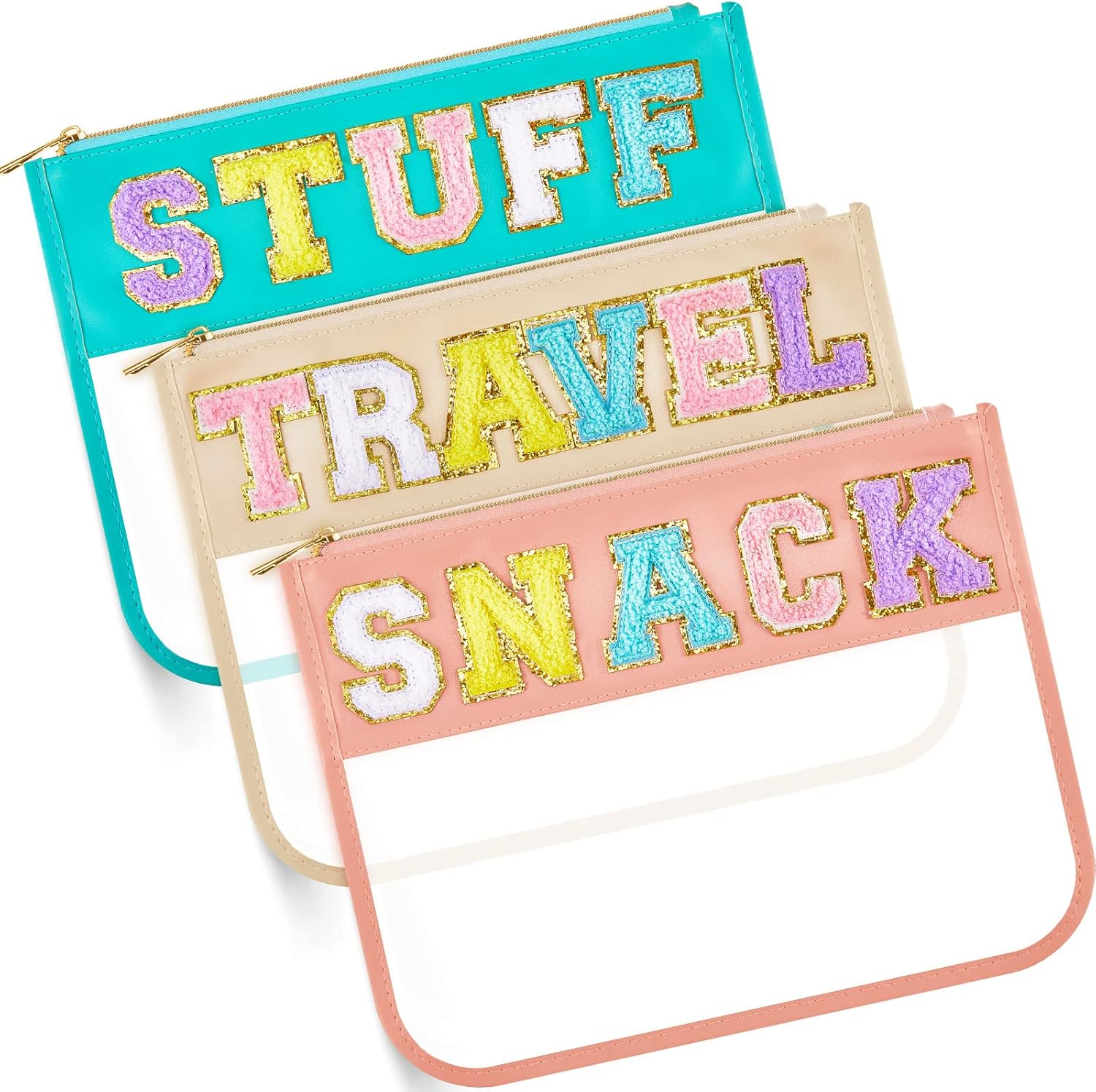 3 Pcs Chenille Letter Clear Zipper Pouch for Travel Waterproof Cosmetic Pouch Clear Snack Bags Nylon Travel Gym Beach Bag Multipurpose Makeup Bag for Women Girl (Soft Color, Travel, Stuff, Snack) image number 5