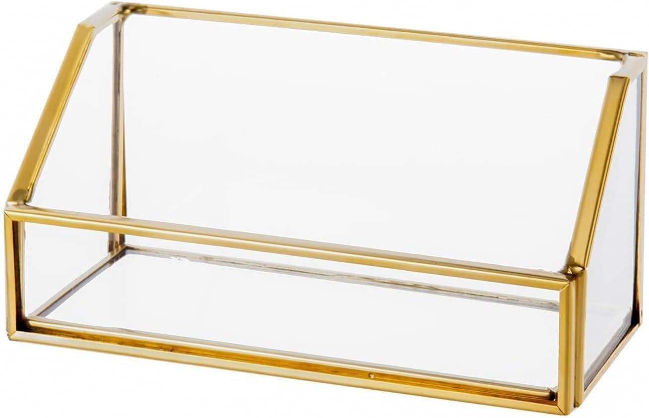 Feyarl Glass Business Card Holder Stand Gold Office Name Card Display Business Card Organizer Storage for Office Desktop Countertop (Gold) image number 2