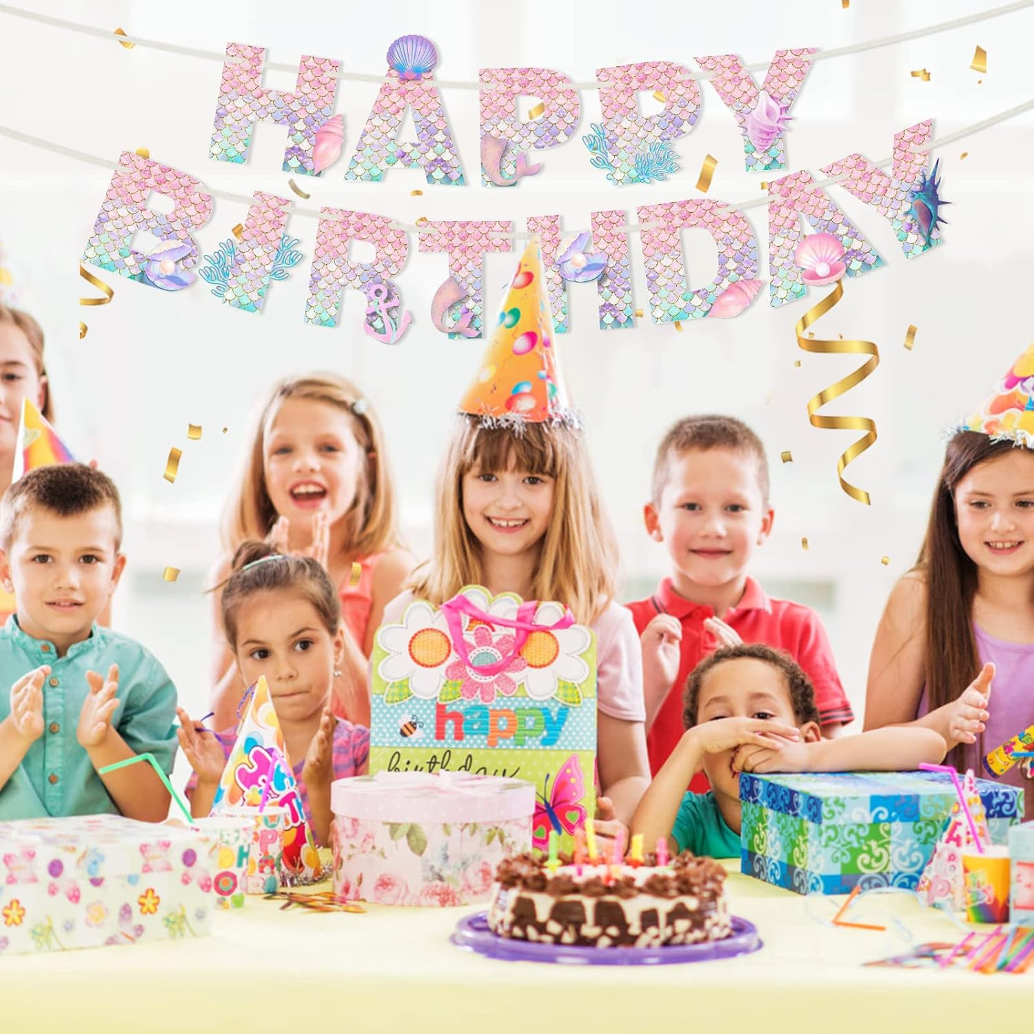 Mermaid Happy Birthday Banner, Birthday Party Decorations for Girls, Mermaid Theme Birthday Party Supplies for Home Table Outdoor (YLPDTZ-001) image number 6