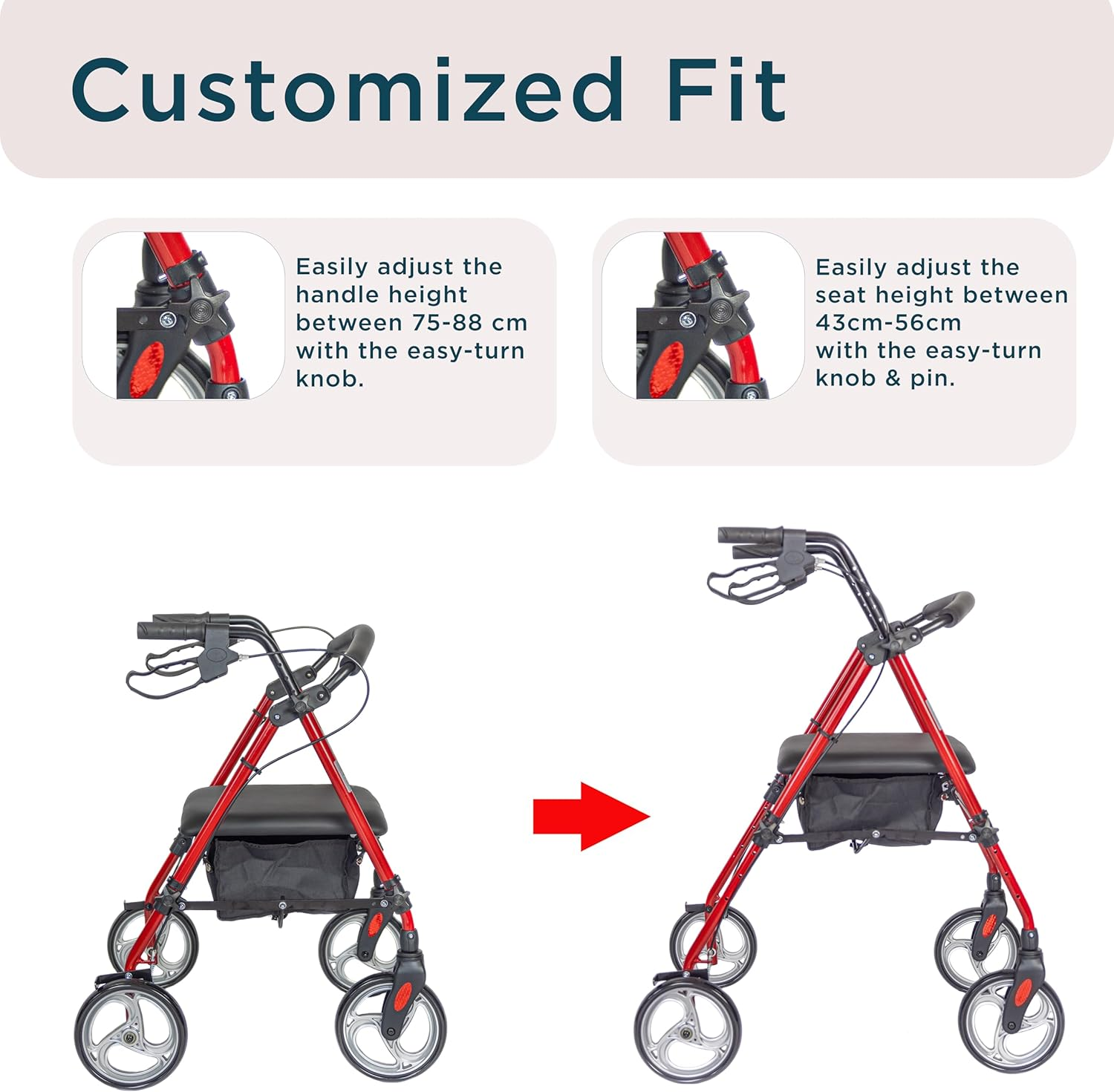Australia Rollator| Classic 4 Wheel Walkers with Seat and Brakes for Seniors, Rollator Walker with Seat, Backrest, Basket, Large Wheels- Easy Folding Senior Walker Lightweight Mobility Walking Aid, Support up to 136 Kg R3 BL (RED) - Red image number 3