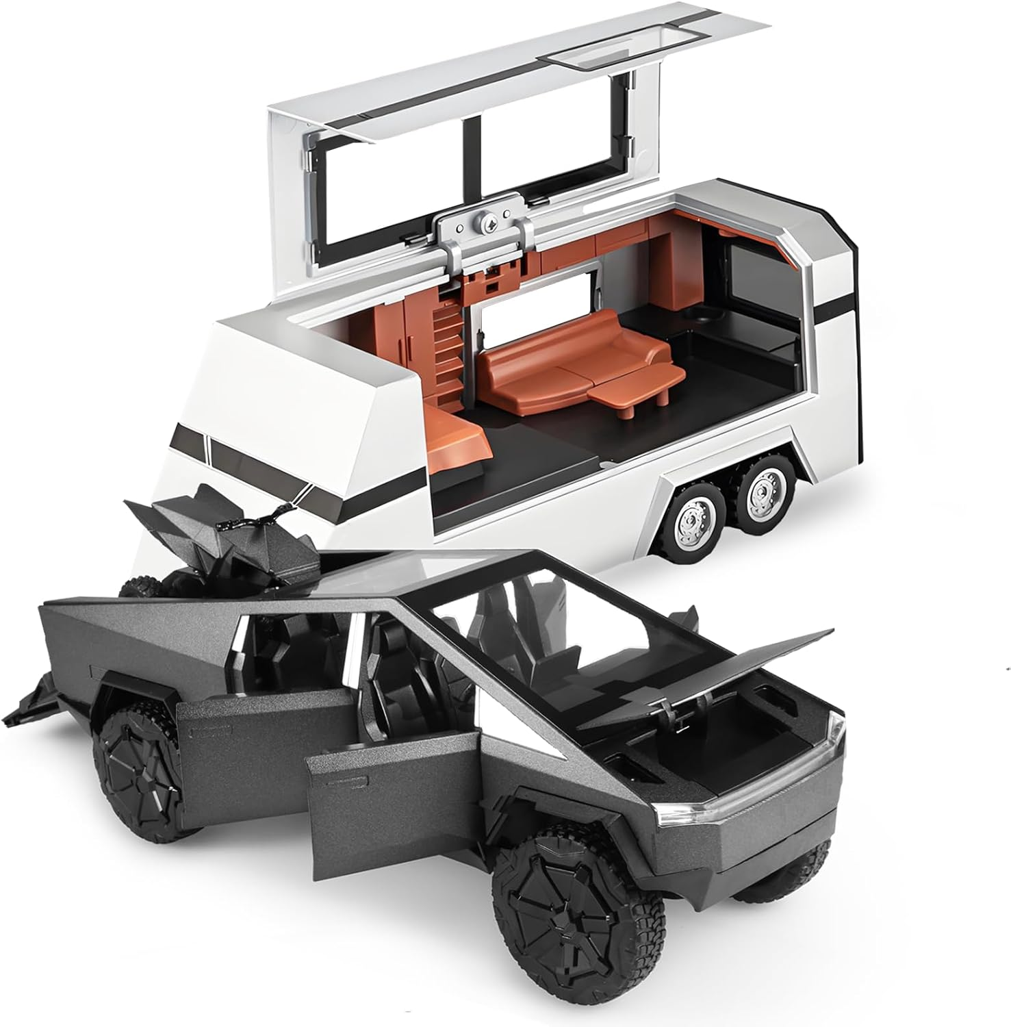 Toy Trucks Cybertruck with Trailer RV Cyberquad Car Toy 1:32 Cyber Toy Trucks Sliver Cybertruck Metal Diecast with Lights Sounds Effects, Fun Toy Cars Great Gifts Idea image number 6