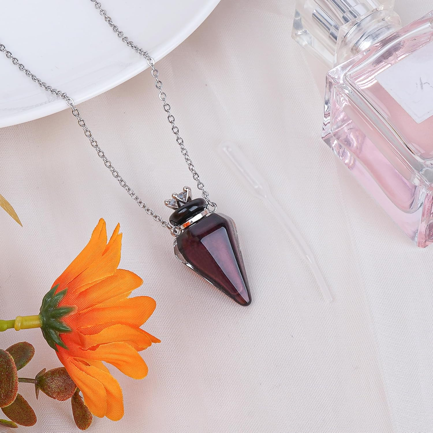 Biiange Perfume Bottle Necklace Diamond Shape, Purple Perfume Bottle Necklace, Essential Oil Diffuser Necklace, for Womens Perfume Vial Pendant Necklace Jewelry Unique Gift image number 2