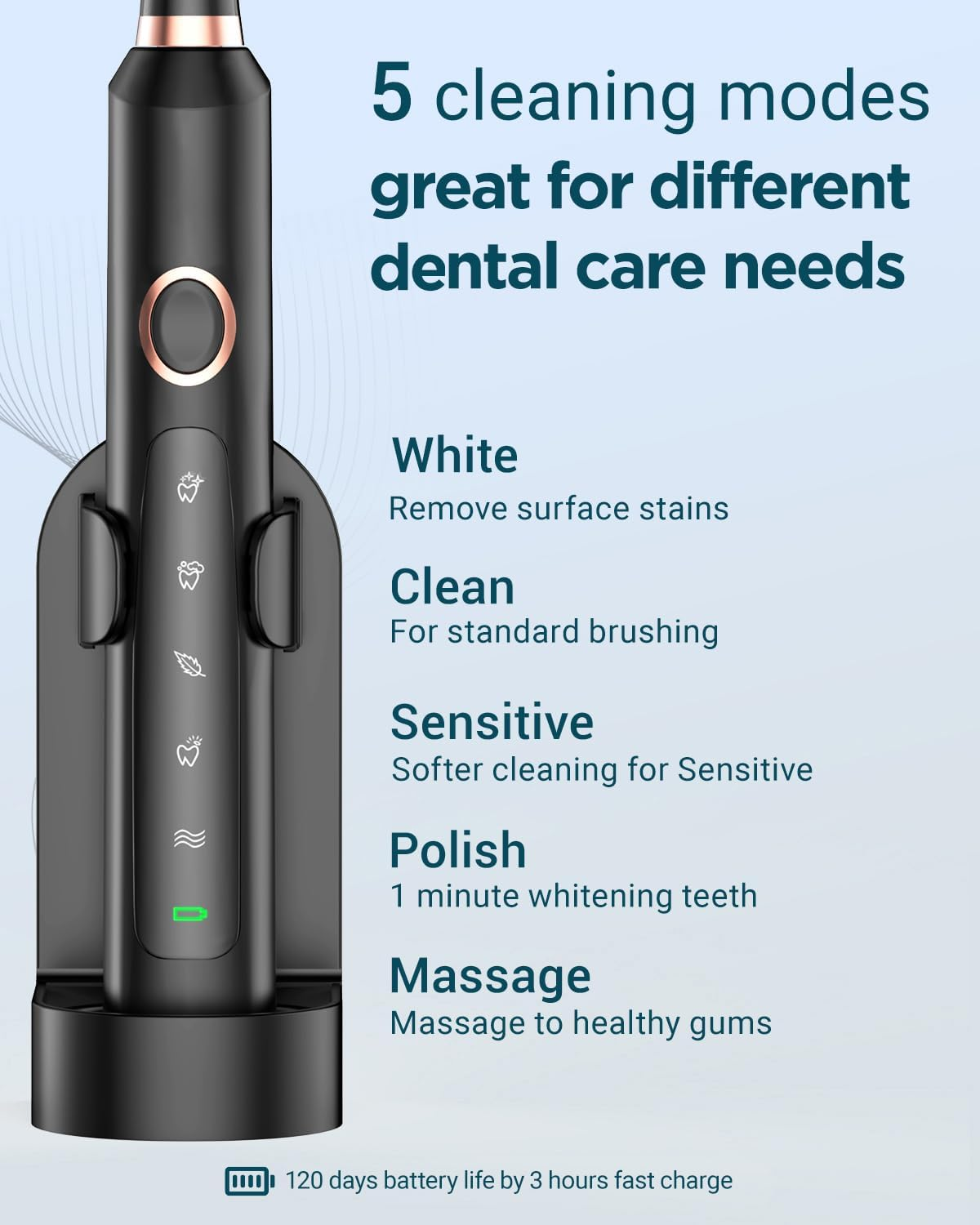 Sonic Electric Toothbrush for Adults - Rechargeable Electric Toothbrush with 8 Brush Heads & Travel Case,Teeth Whitening , Power Electric Toothbrush with Holder, 3Hours Charge for 120 Days - Black image number 6